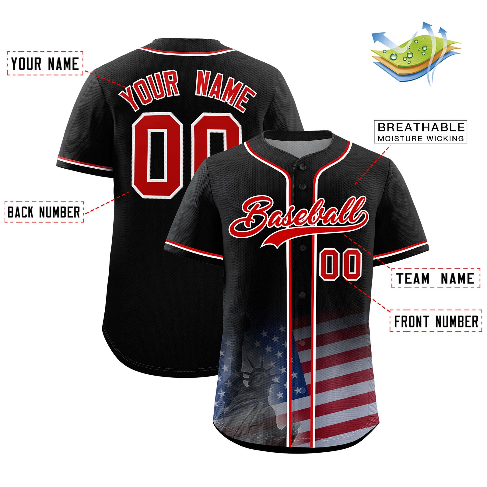 Custom Black American Flag Patriotic Personalized Baseball Jersey