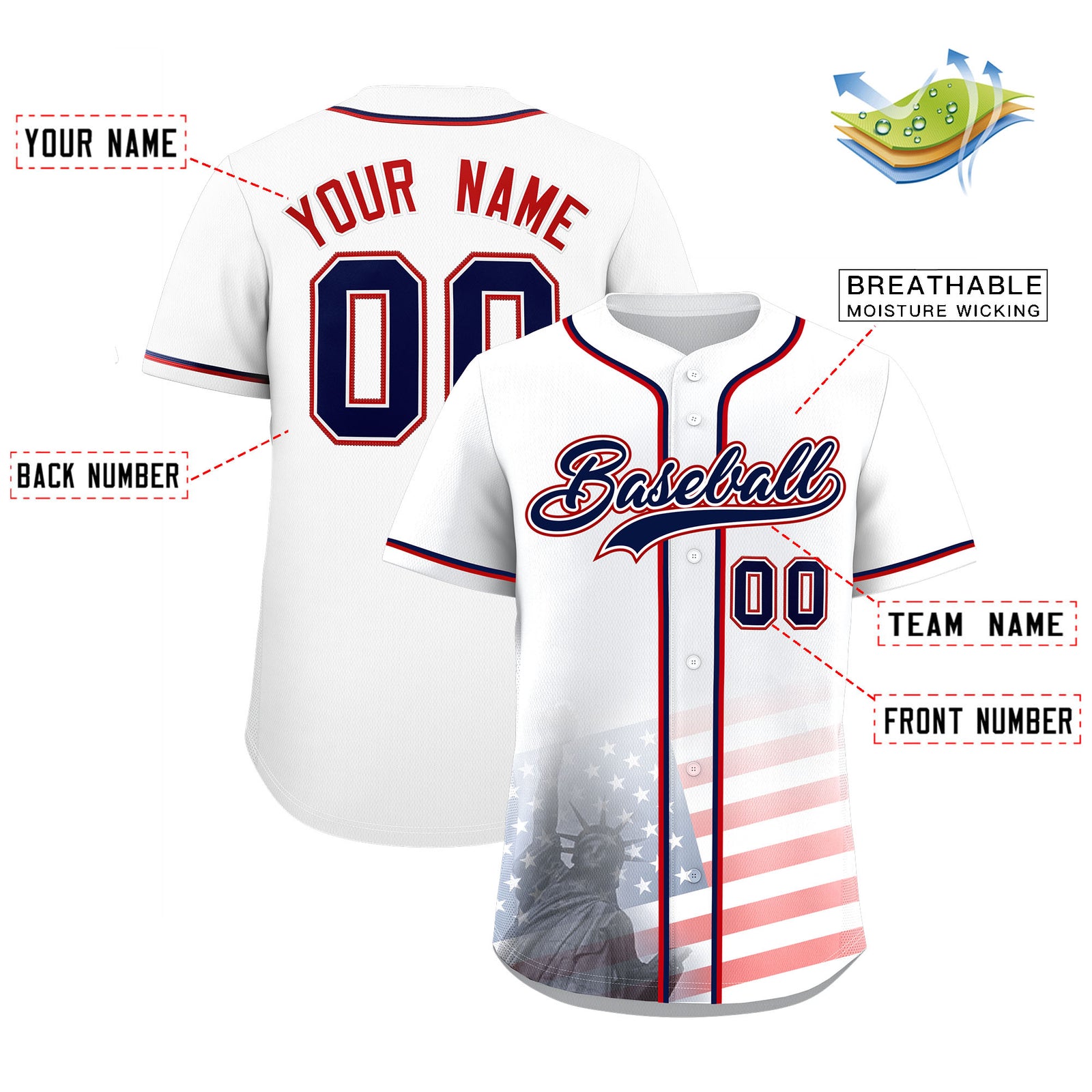 Custom White American Flag Patriotic Personalized Baseball Jersey