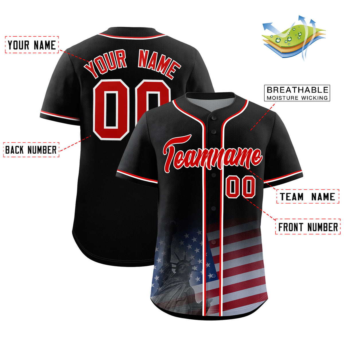 Custom Black American Flag Patriotic Personalized Baseball Jersey
