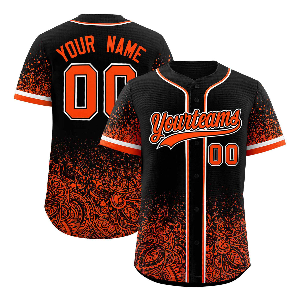 Custom Black Orange Floral Print Pattern Full Button Gradient Fashion Baseball Jersey