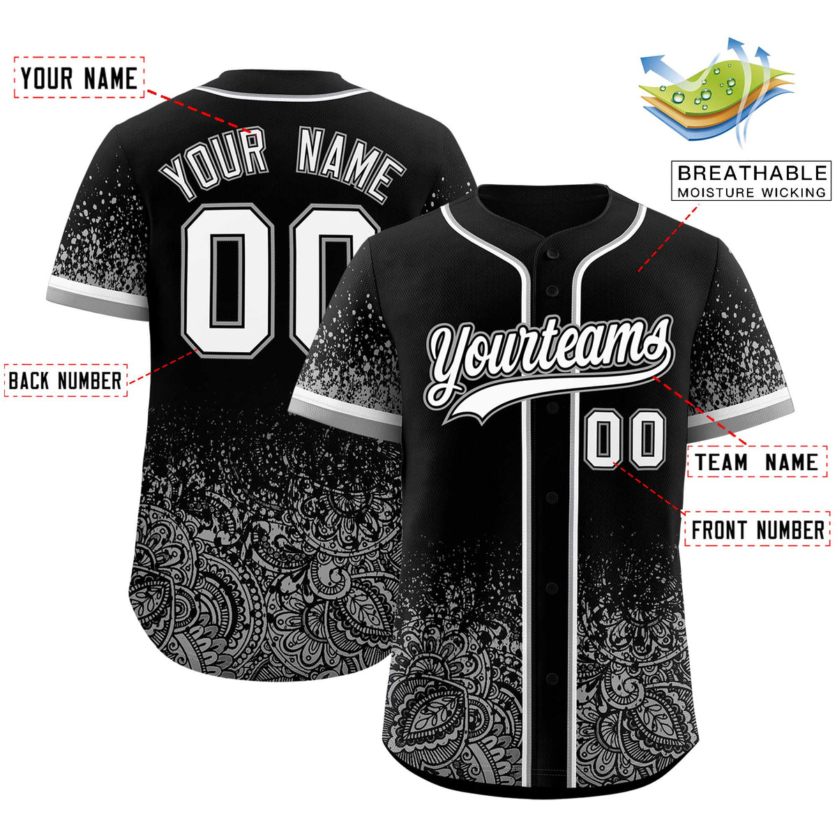 Custom Black Gray Floral Print Pattern Full Button Gradient Fashion Baseball Jersey