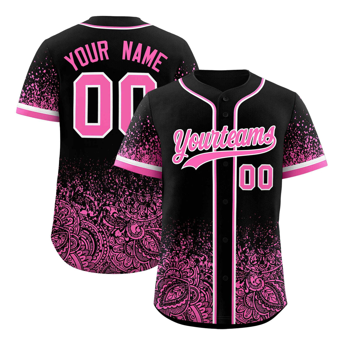 Custom Black Pink Floral Print Pattern Full Button Gradient Fashion Baseball Jersey