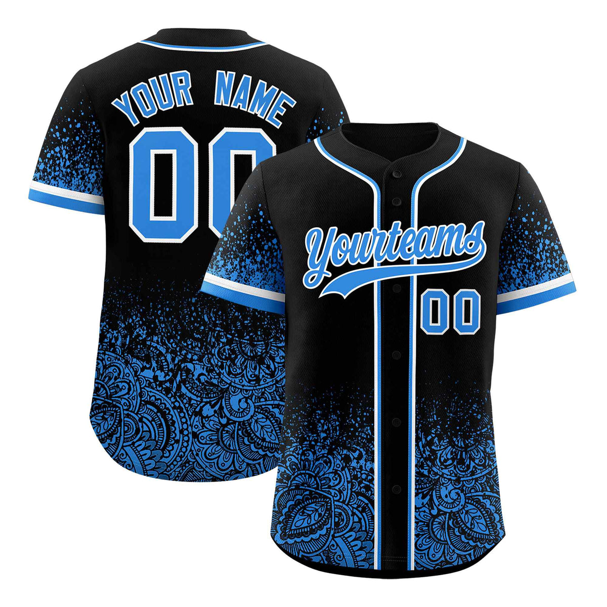 Custom Black Light Blue Floral Print Pattern Full Button Gradient Fashion Baseball Jersey
