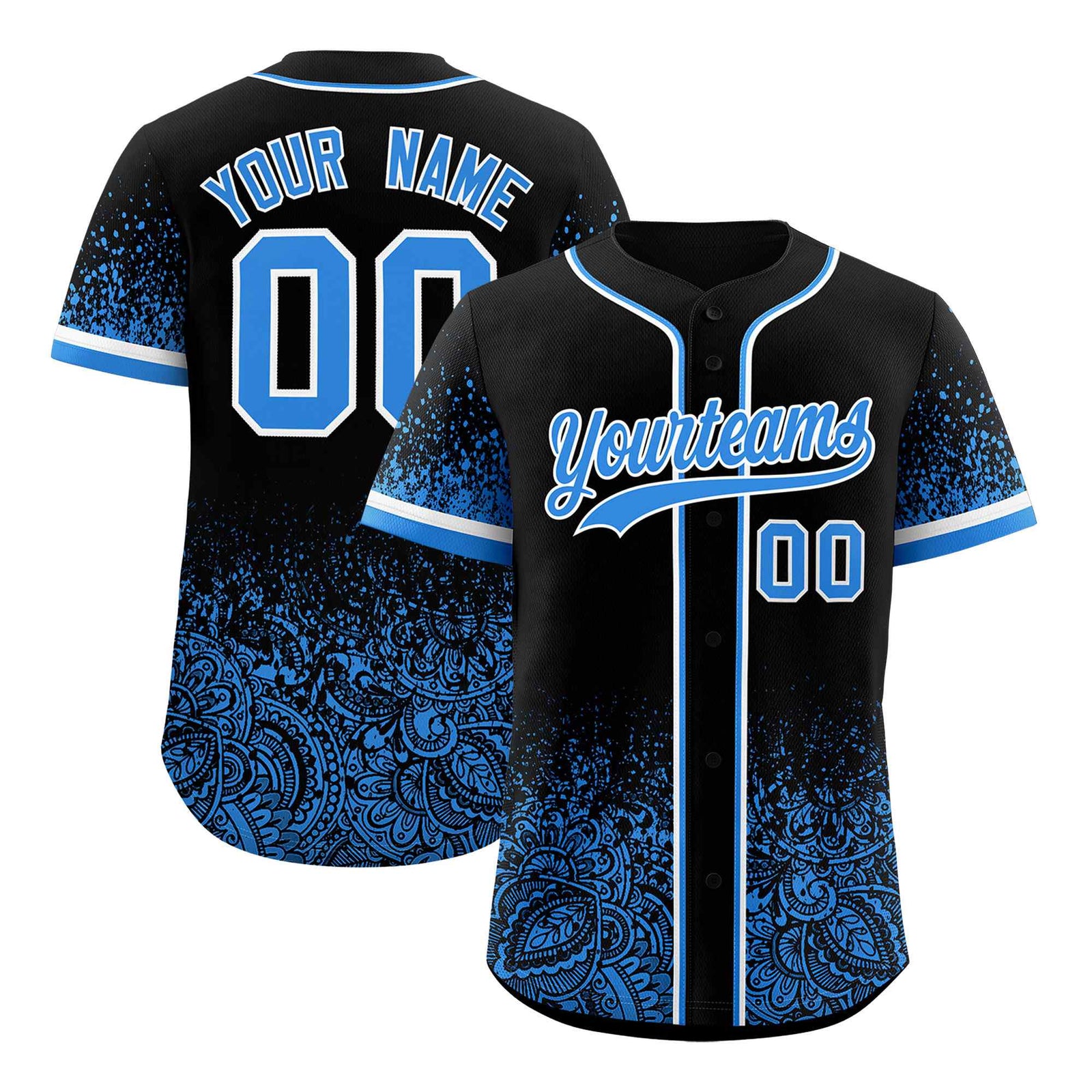 Custom Black Light Blue Floral Print Pattern Full Button Gradient Fashion Baseball Jersey