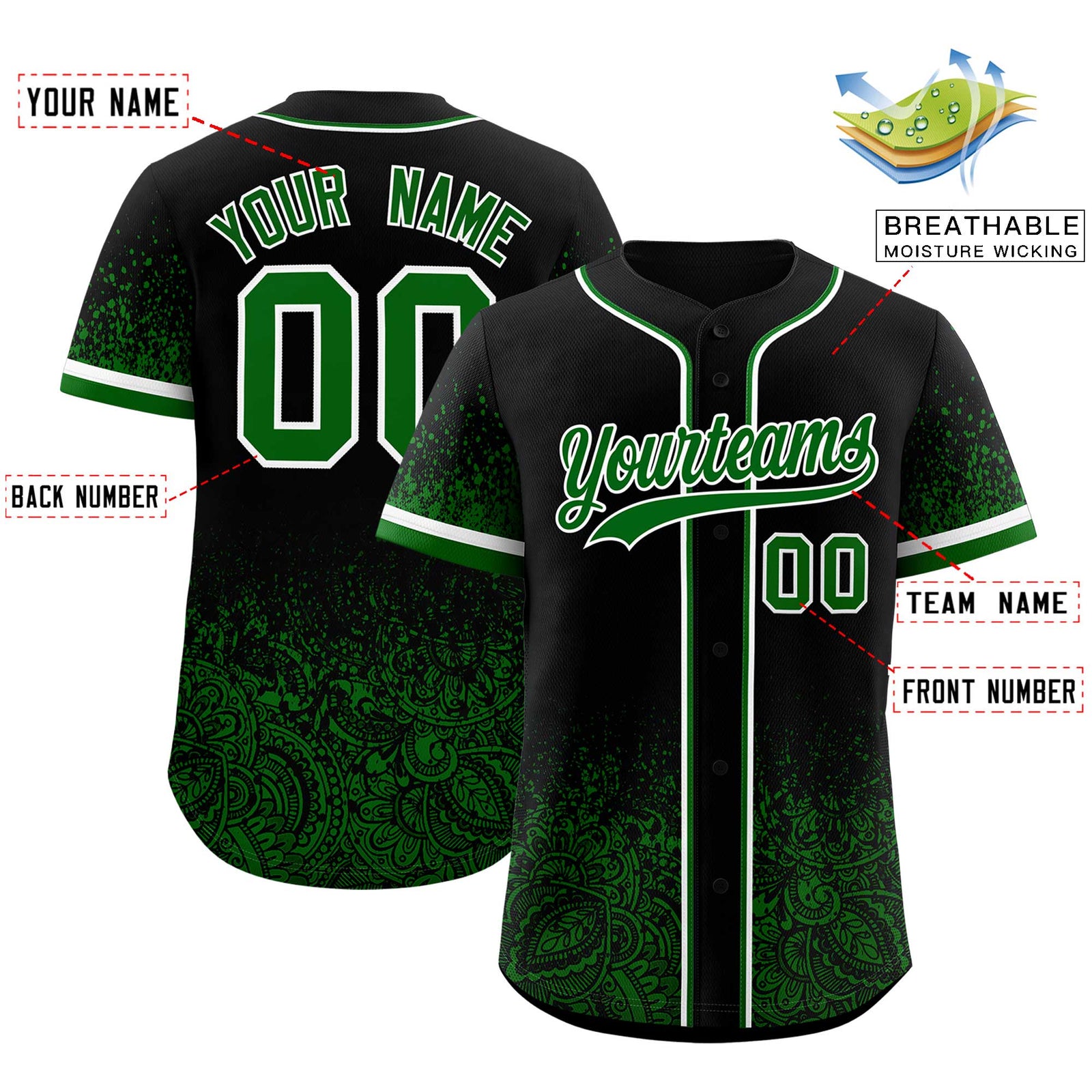 Custom Black Kelly Green Floral Print Pattern Full Button Gradient Fashion Baseball Jersey