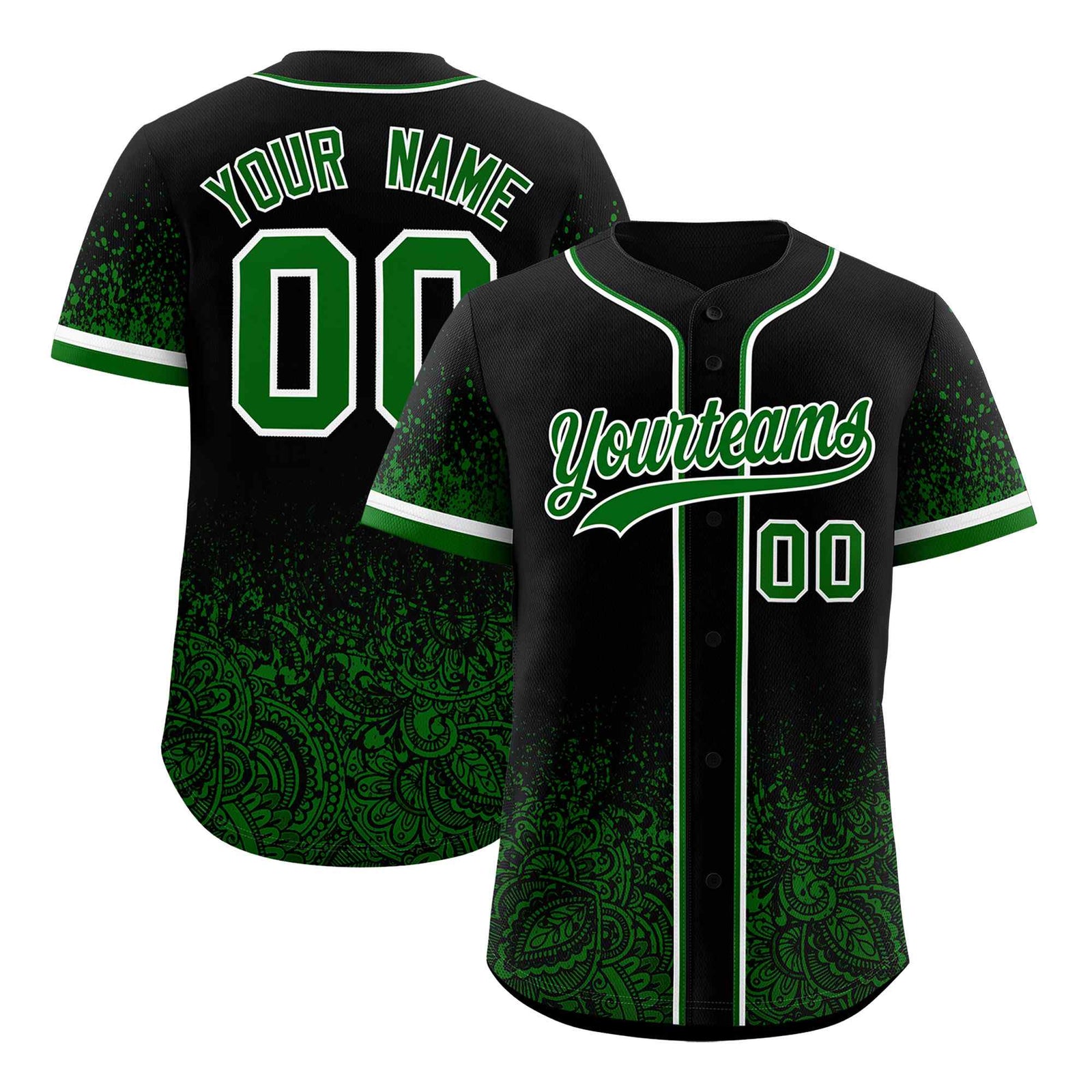Custom Black Kelly Green Floral Print Pattern Full Button Gradient Fashion Baseball Jersey