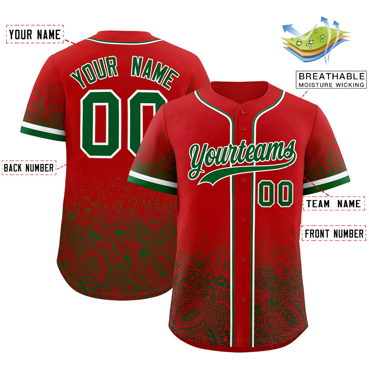 Custom Red Kelly Green Floral Print Pattern Full Button Gradient Fashion Baseball Jersey