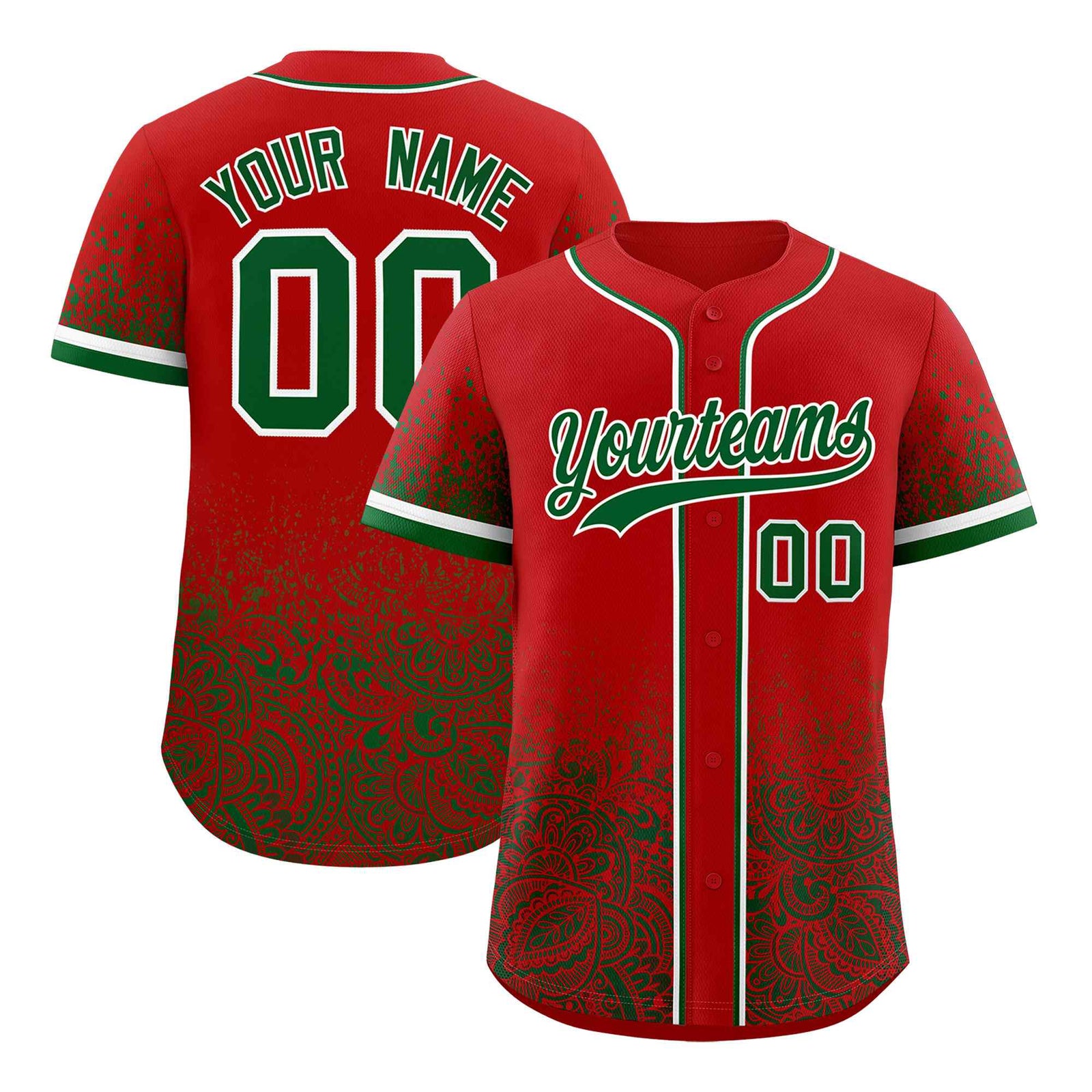 Custom Red Kelly Green Floral Print Pattern Full Button Gradient Fashion Baseball Jersey