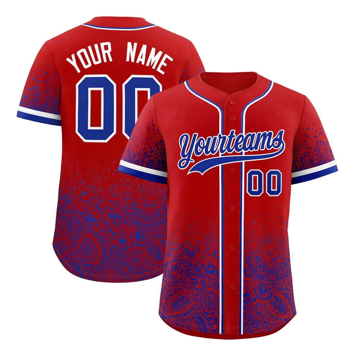 Custom Red Royal Floral Print Pattern Full Button Gradient Fashion Baseball Jersey