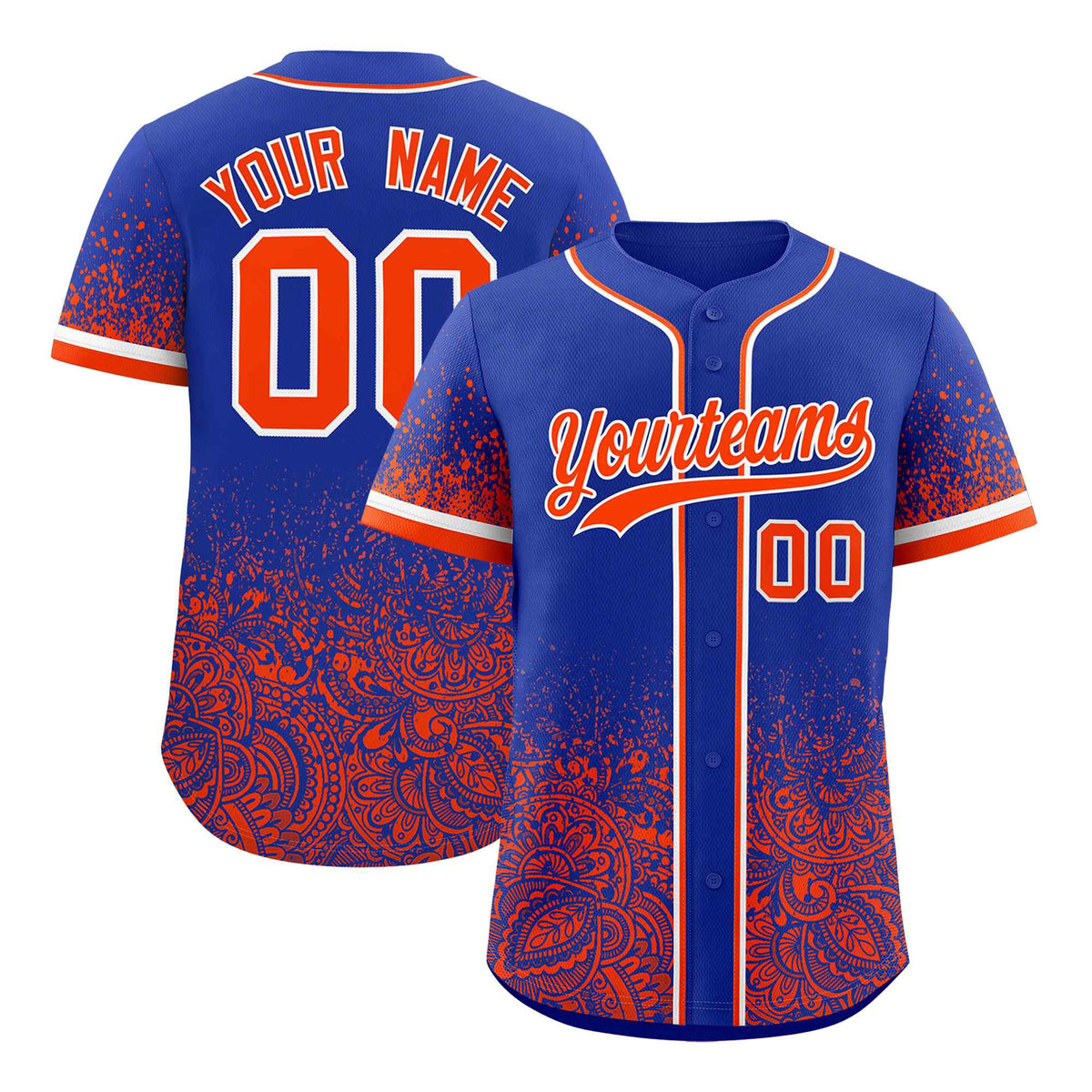 Custom Royal Orange Floral Print Pattern Full Button Gradient Fashion Baseball Jersey