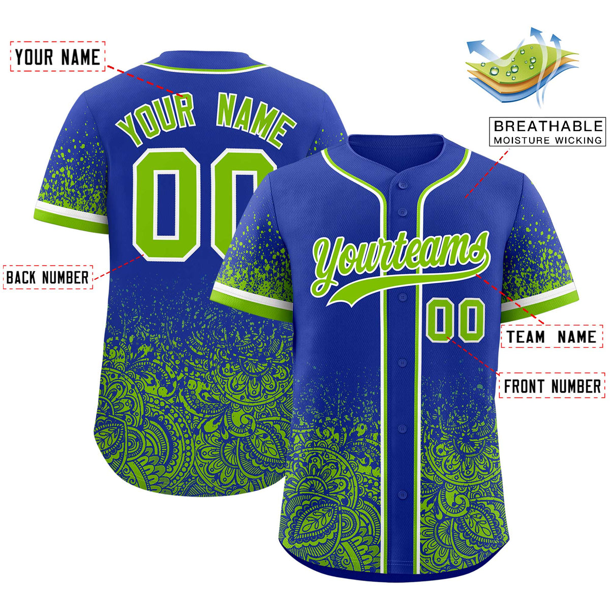 Custom Royal Neon Green Floral Print Pattern Full Button Gradient Fashion Baseball Jersey