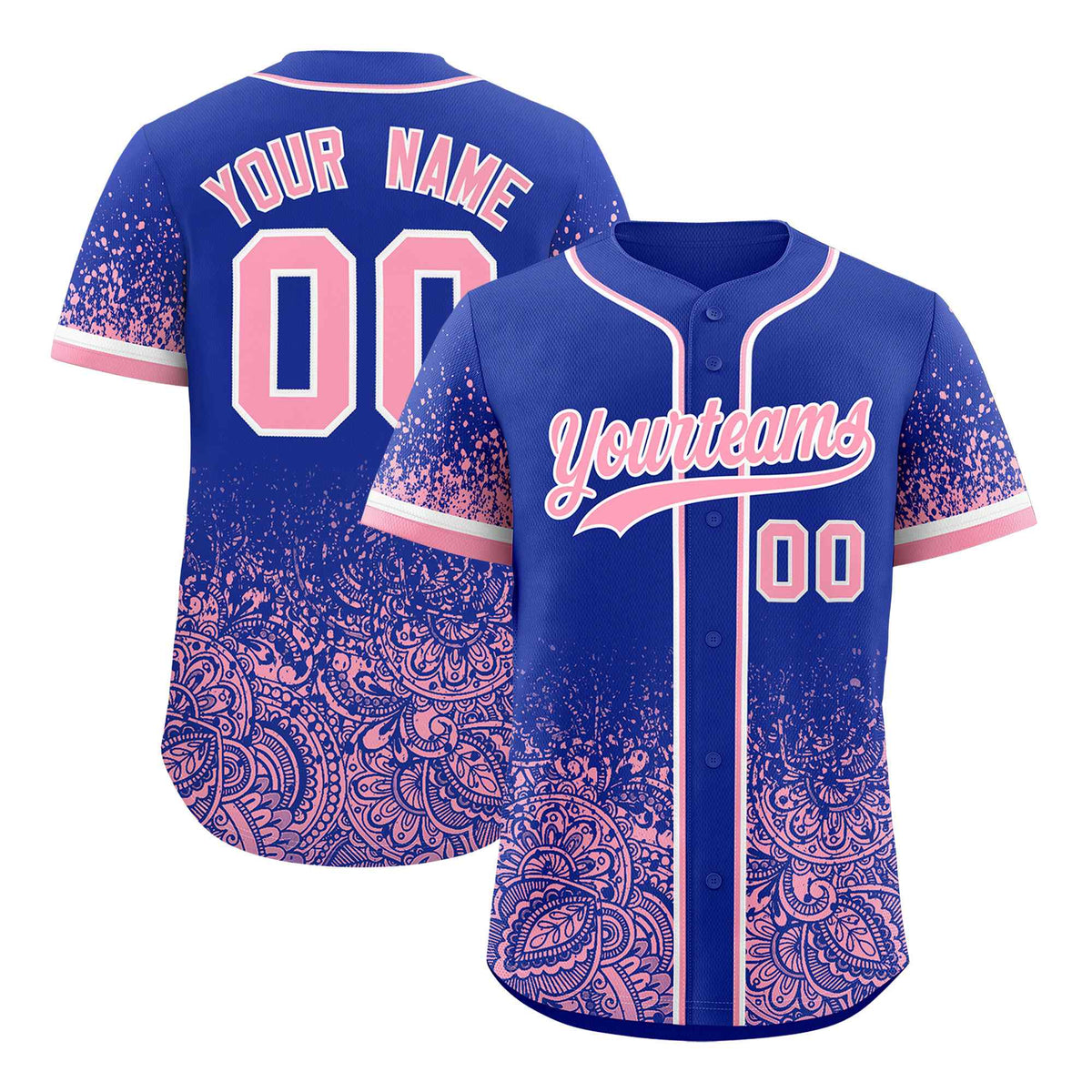 Custom Royal Light Pink Floral Print Pattern Full Button Gradient Fashion Baseball Jersey