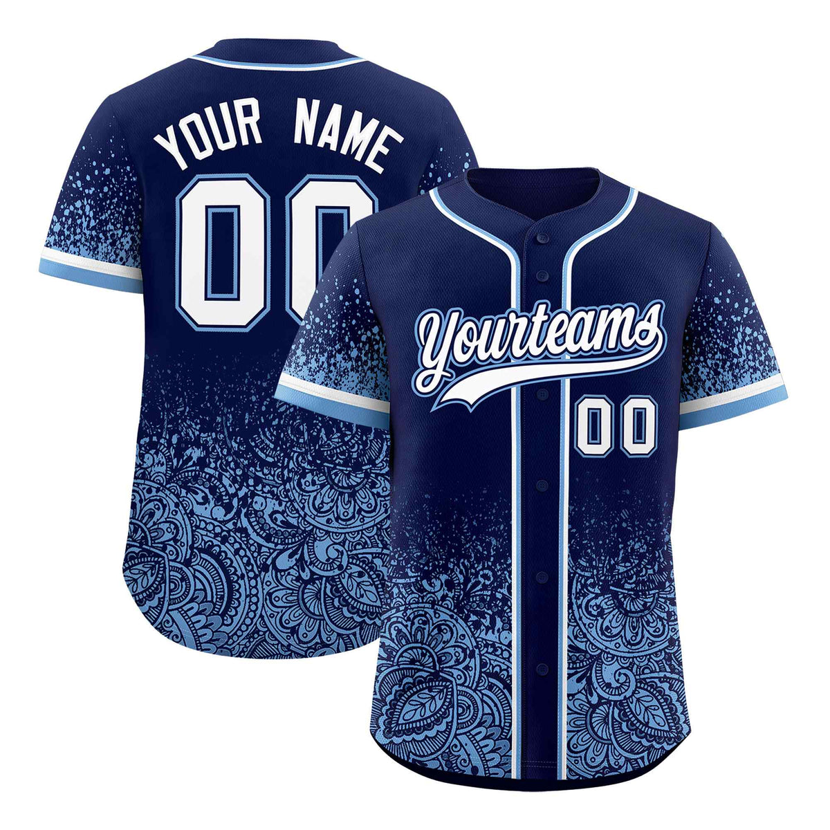 Custom Navy Powder Blue Floral Print Pattern Full Button Gradient Fashion Baseball Jersey