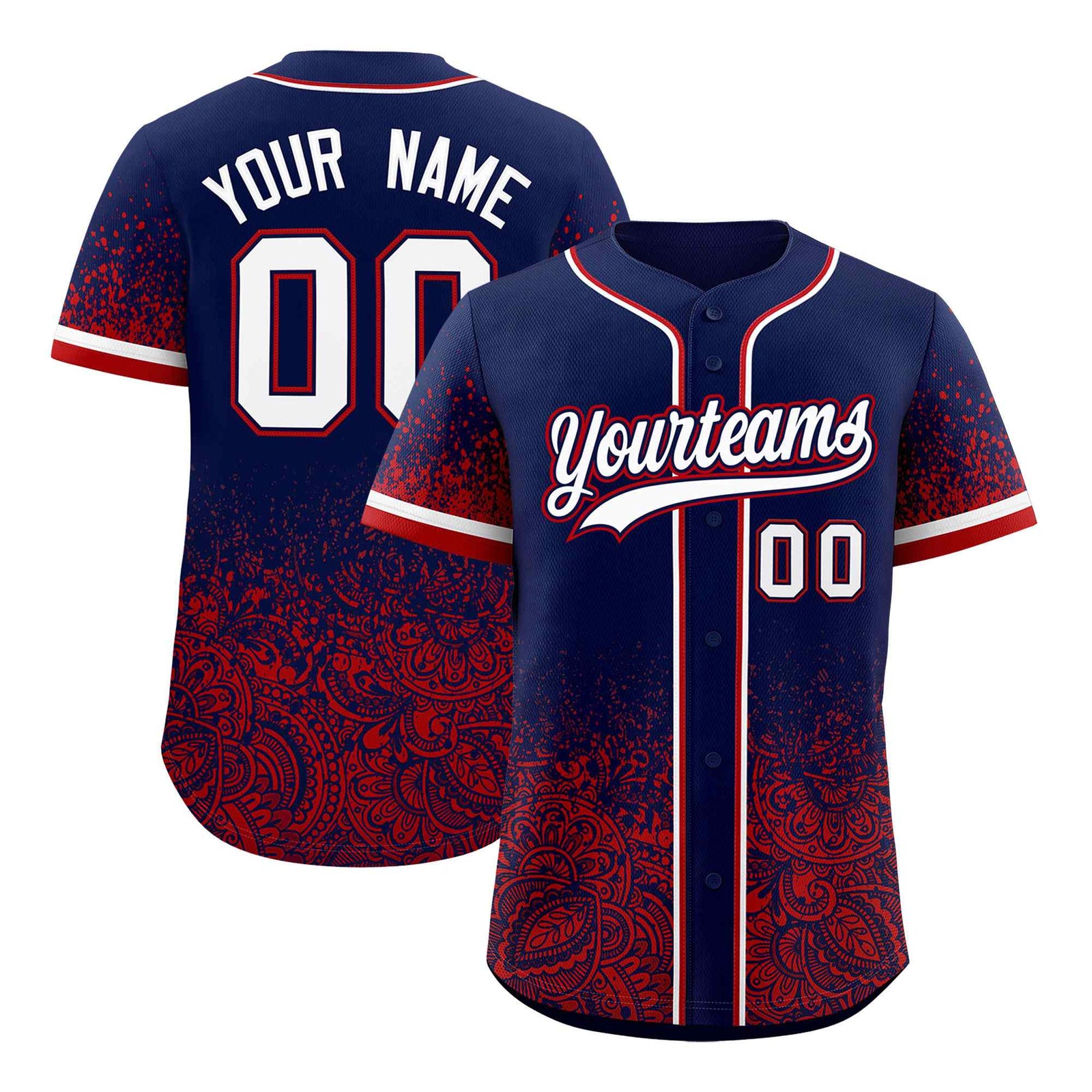 Custom Navy Red Floral Print Pattern Full Button Gradient Fashion Baseball Jersey