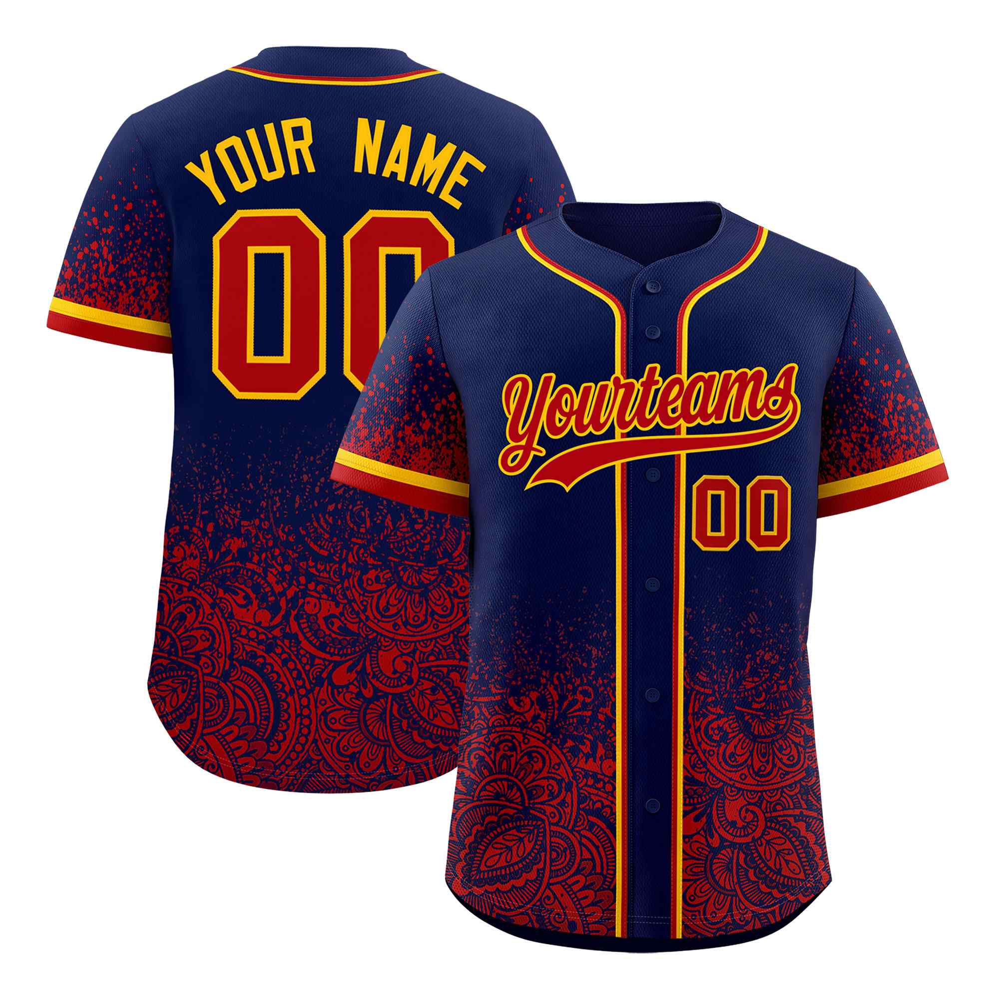 Custom Navy Red Floral Print Pattern Full Button Gradient Fashion Baseball Jersey