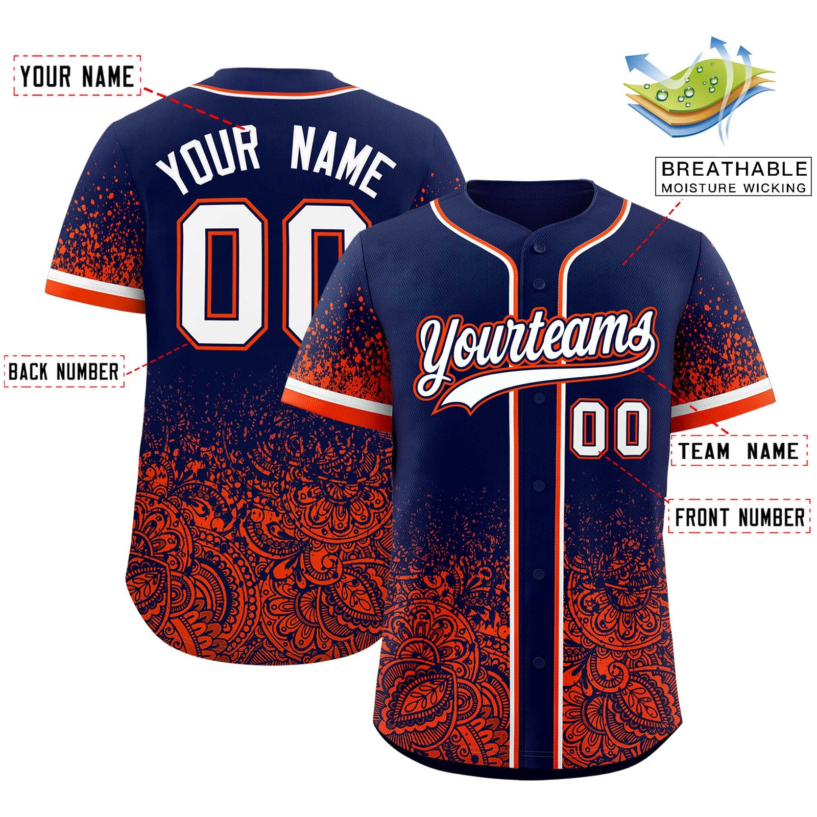 Custom Navy Orange Floral Print Pattern Full Button Gradient Fashion Baseball Jersey