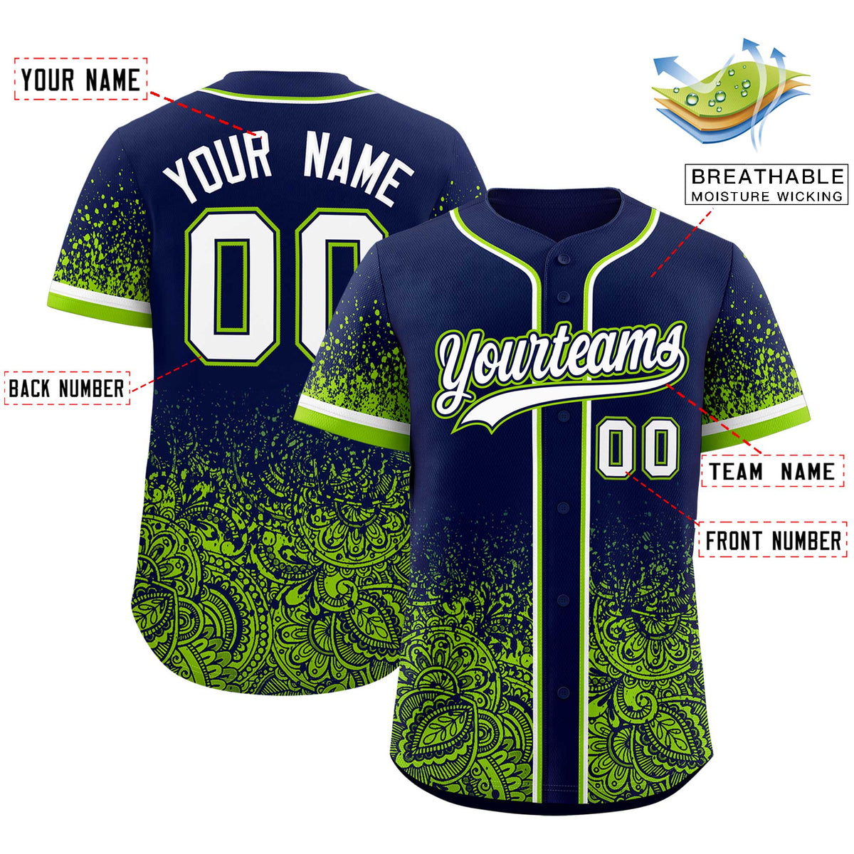 Custom Navy Neon Green Floral Print Pattern Full Button Gradient Fashion Baseball Jersey