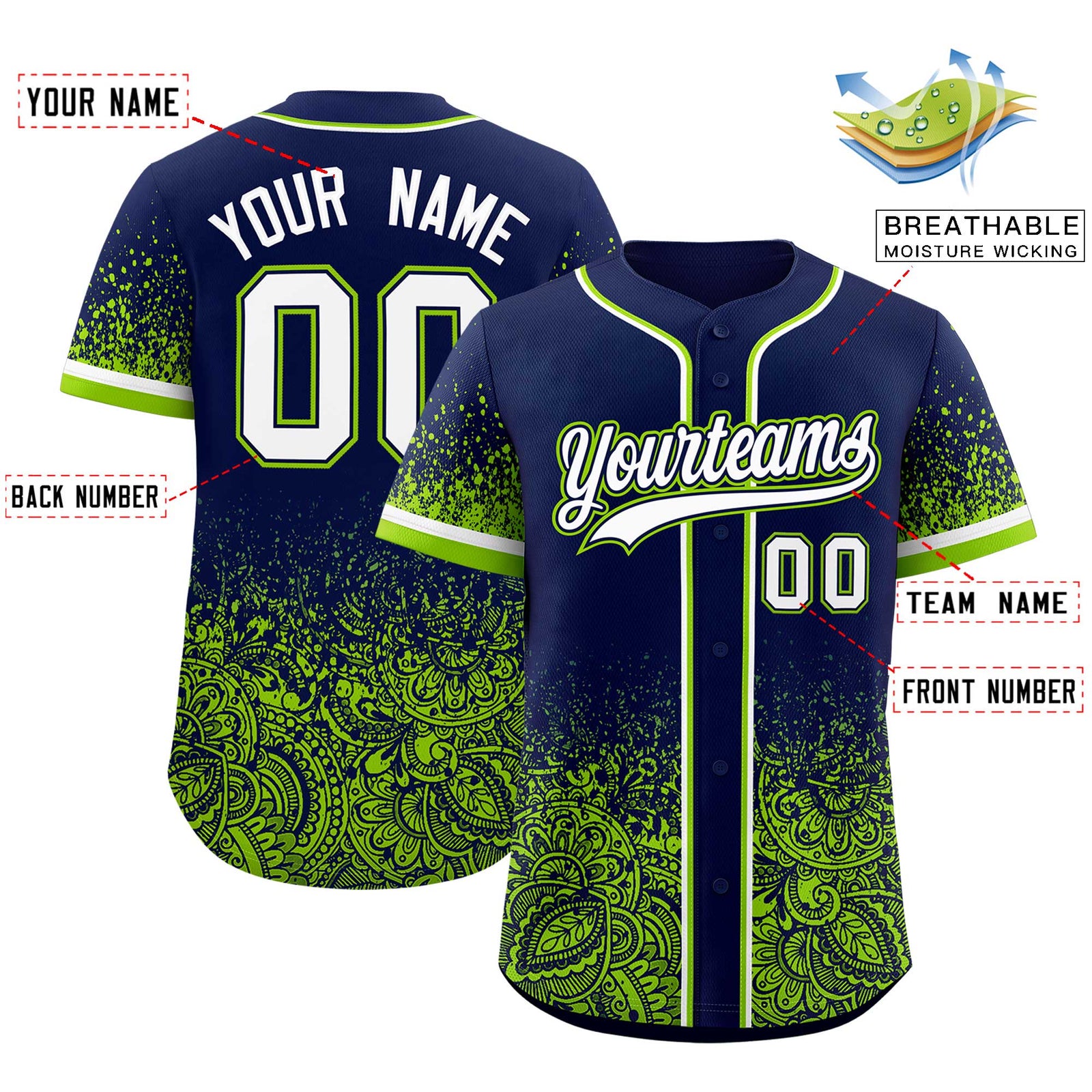 Custom Navy Neon Green Floral Print Pattern Full Button Gradient Fashion Baseball Jersey