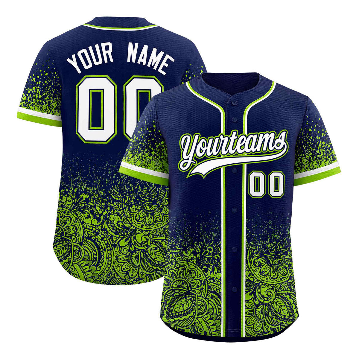 Custom Navy Neon Green Floral Print Pattern Full Button Gradient Fashion Baseball Jersey