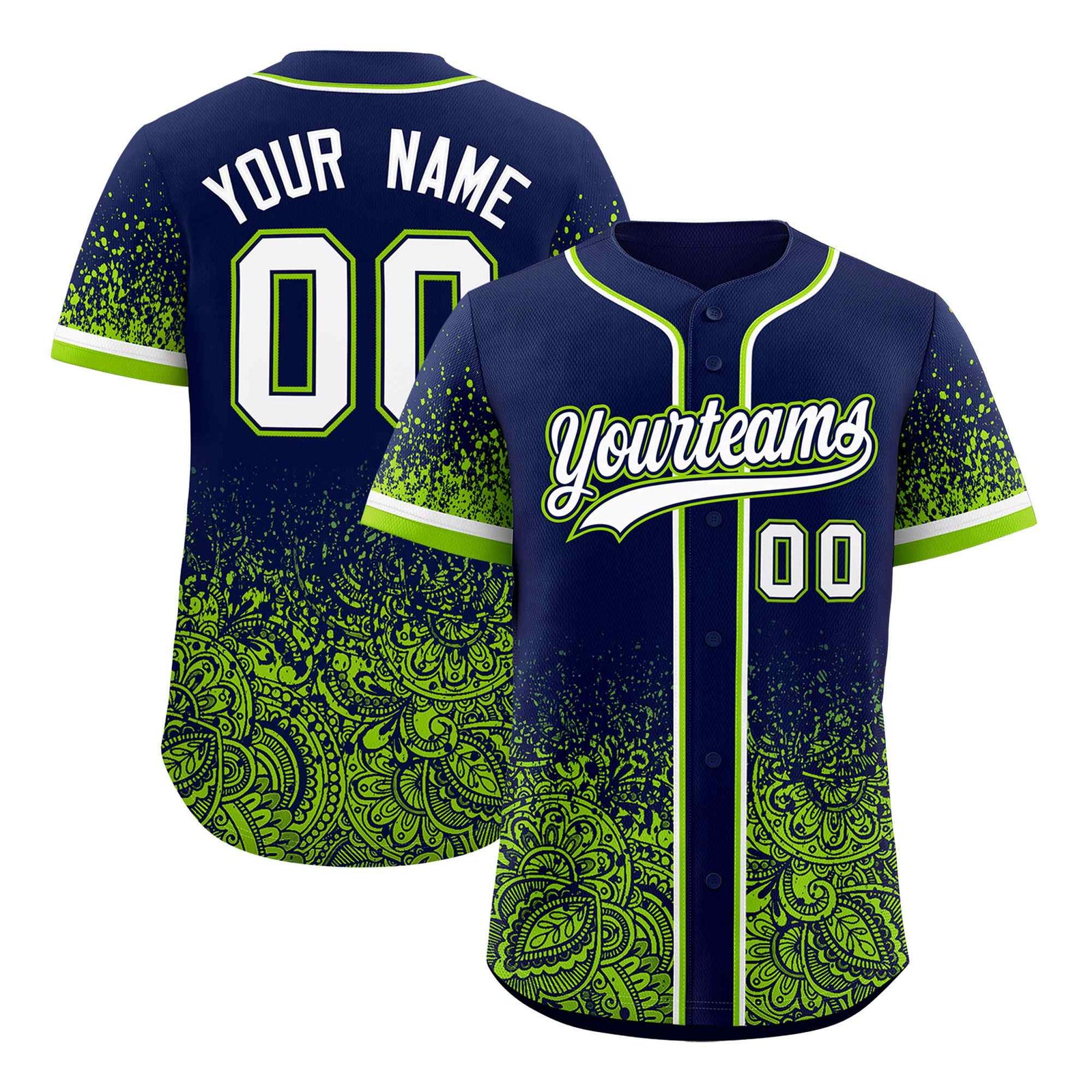 Custom Navy Neon Green Floral Print Pattern Full Button Gradient Fashion Baseball Jersey