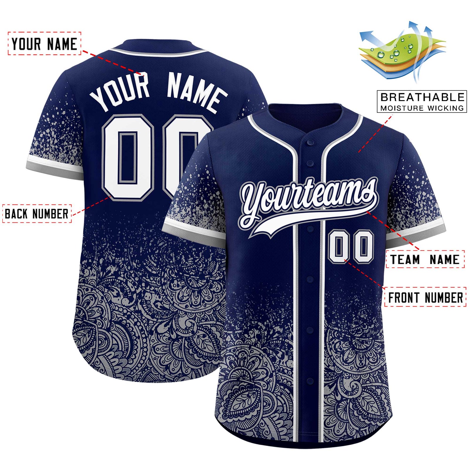 Custom Navy Gray Floral Print Pattern Full Button Gradient Fashion Baseball Jersey