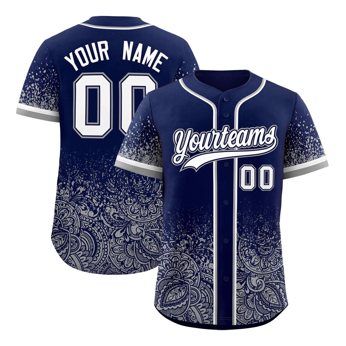 Custom Navy Gray Floral Print Pattern Full Button Gradient Fashion Baseball Jersey