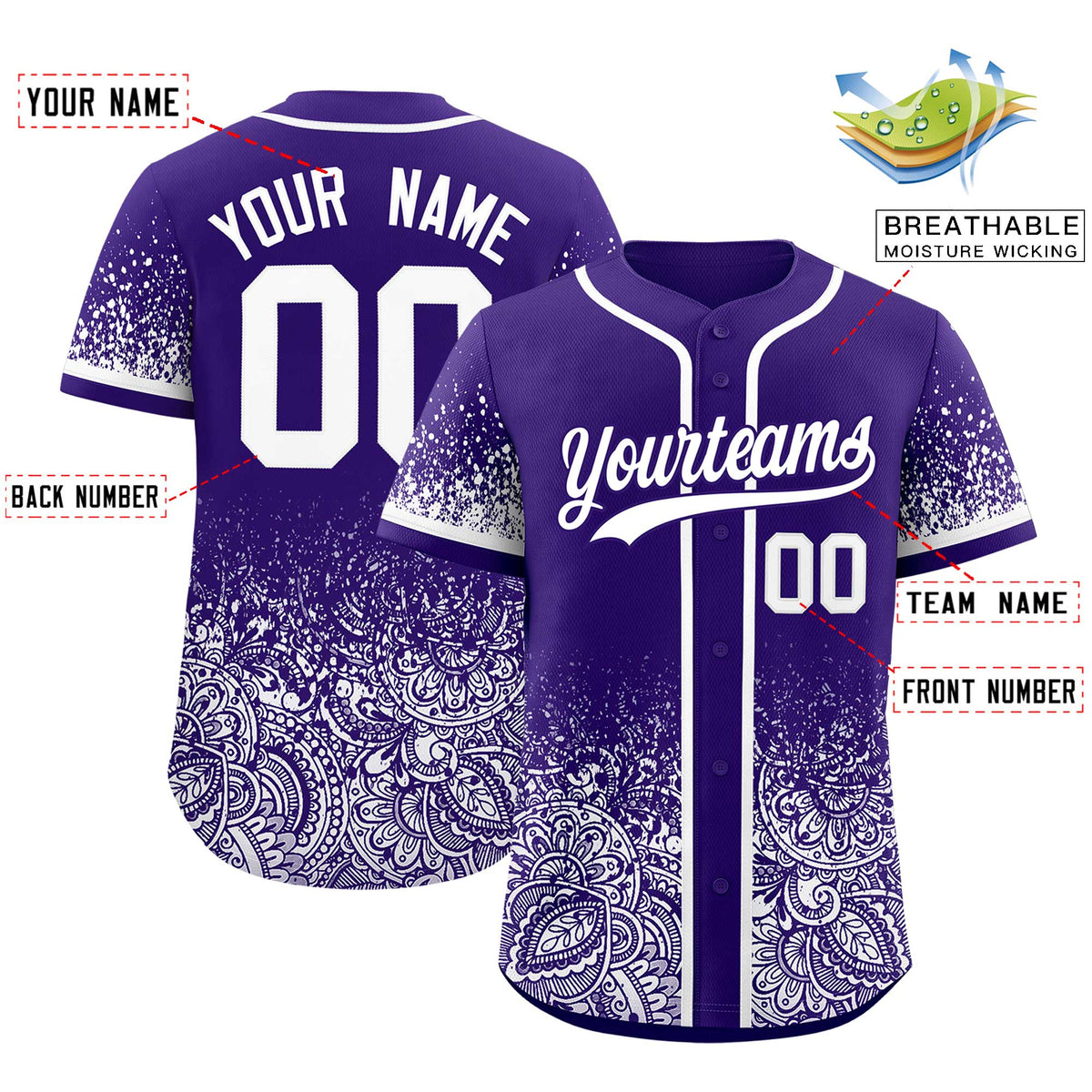 Custom Purple White Floral Print Pattern Full Button Gradient Fashion Baseball Jersey