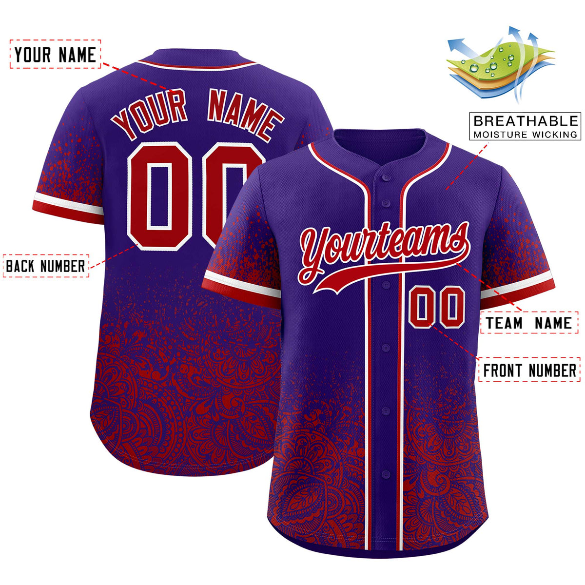 Custom Purple Red Floral Print Pattern Full Button Gradient Fashion Baseball Jersey