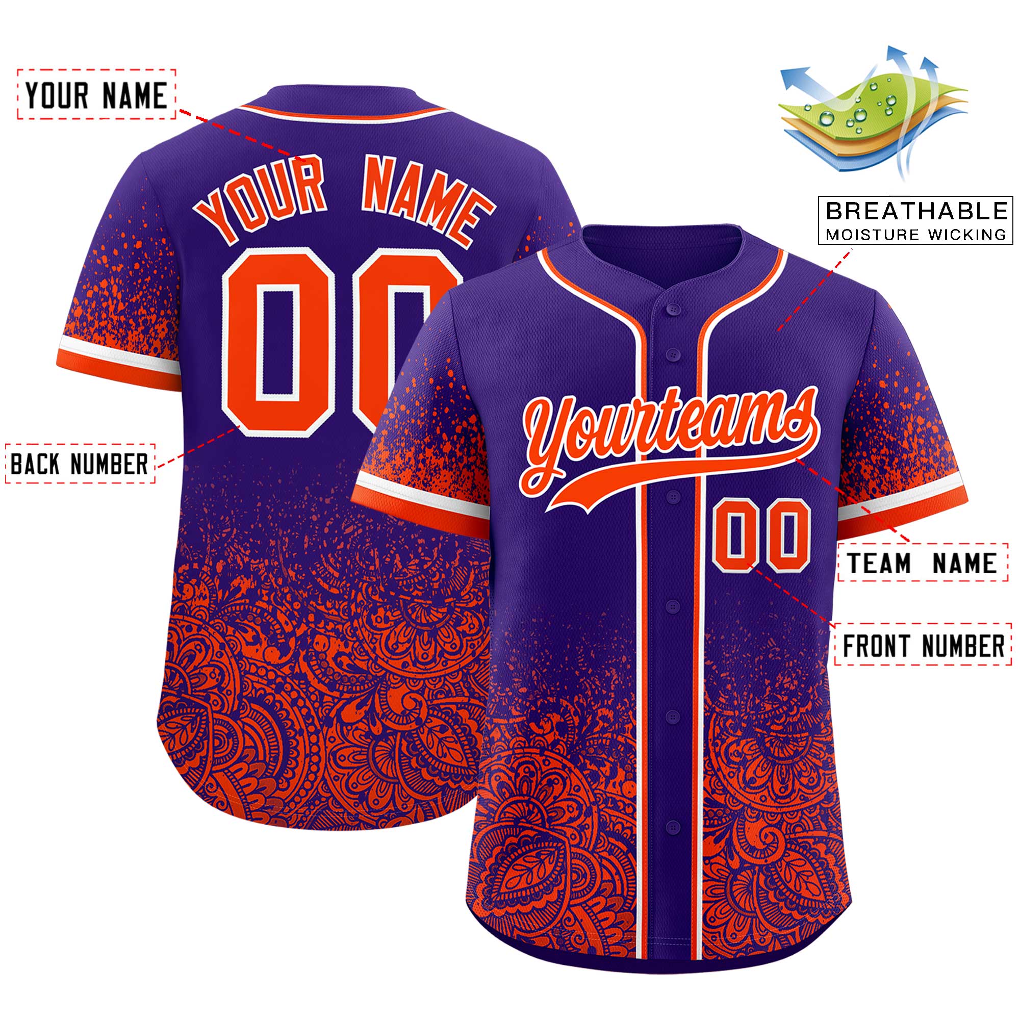 Custom Purple Orange Floral Print Pattern Full Button Gradient Fashion Baseball Jersey