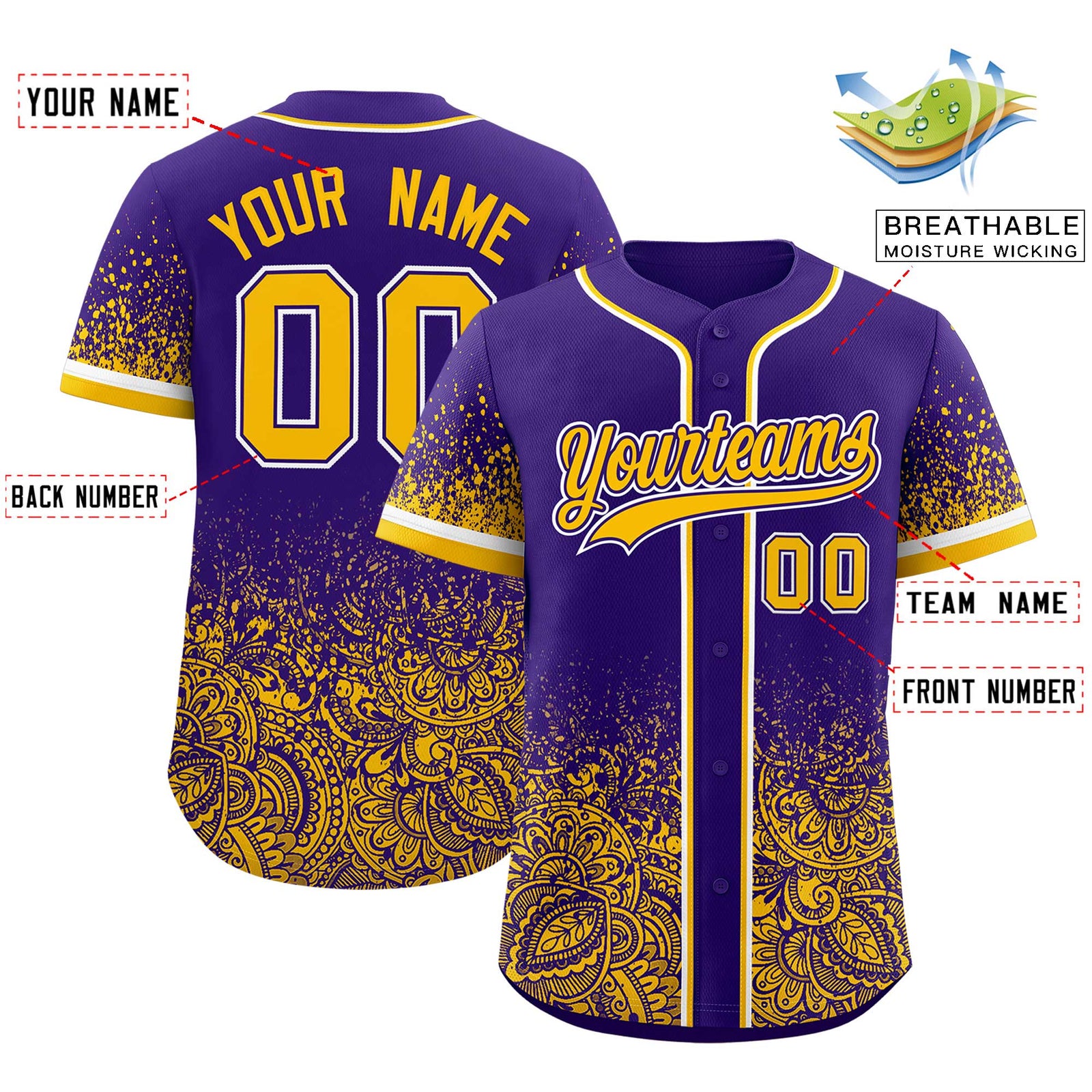 Custom Purple Yellow Floral Print Pattern Full Button Gradient Fashion Baseball Jersey