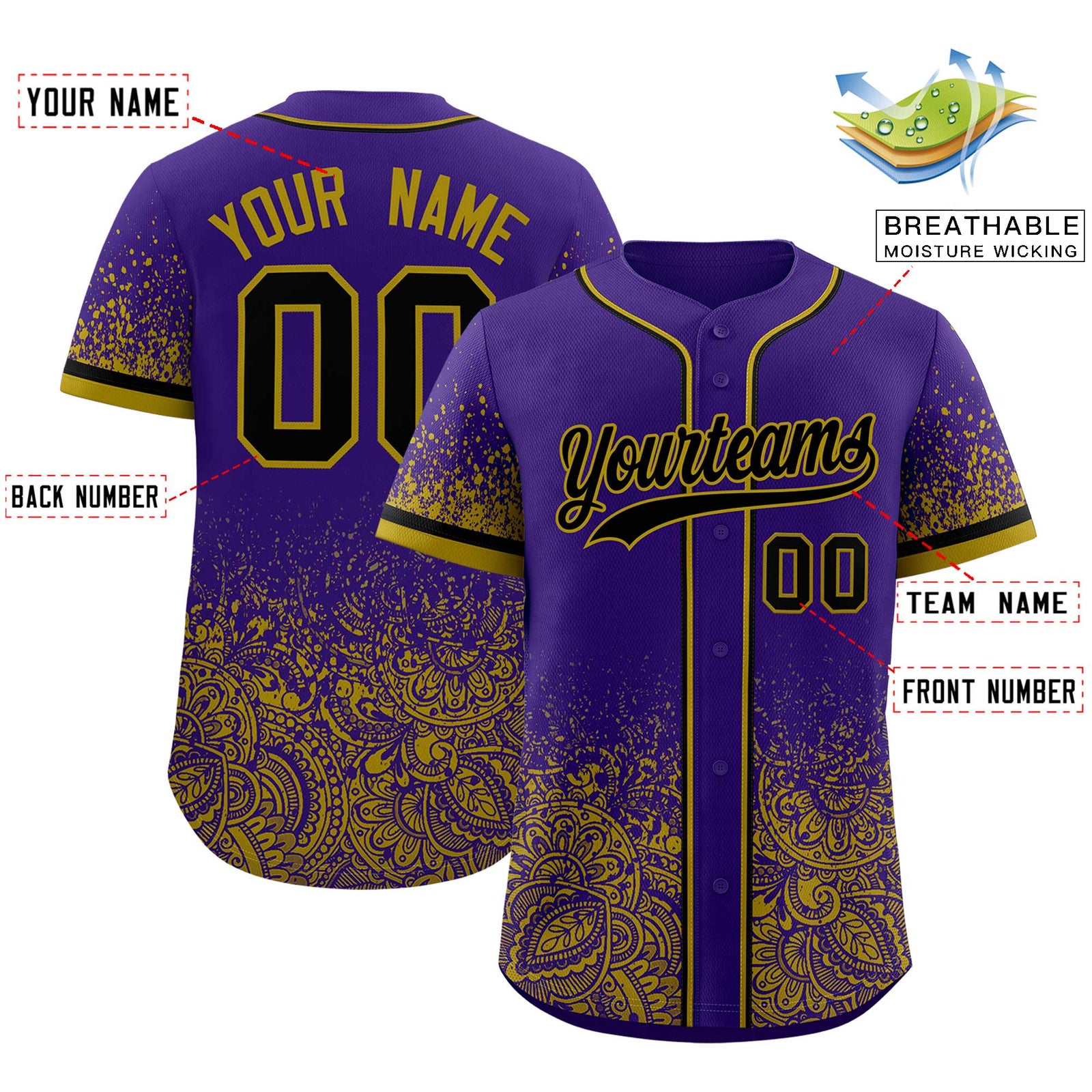 Custom Purple Old Gold Floral Print Pattern Full Button Gradient Fashion Baseball Jersey