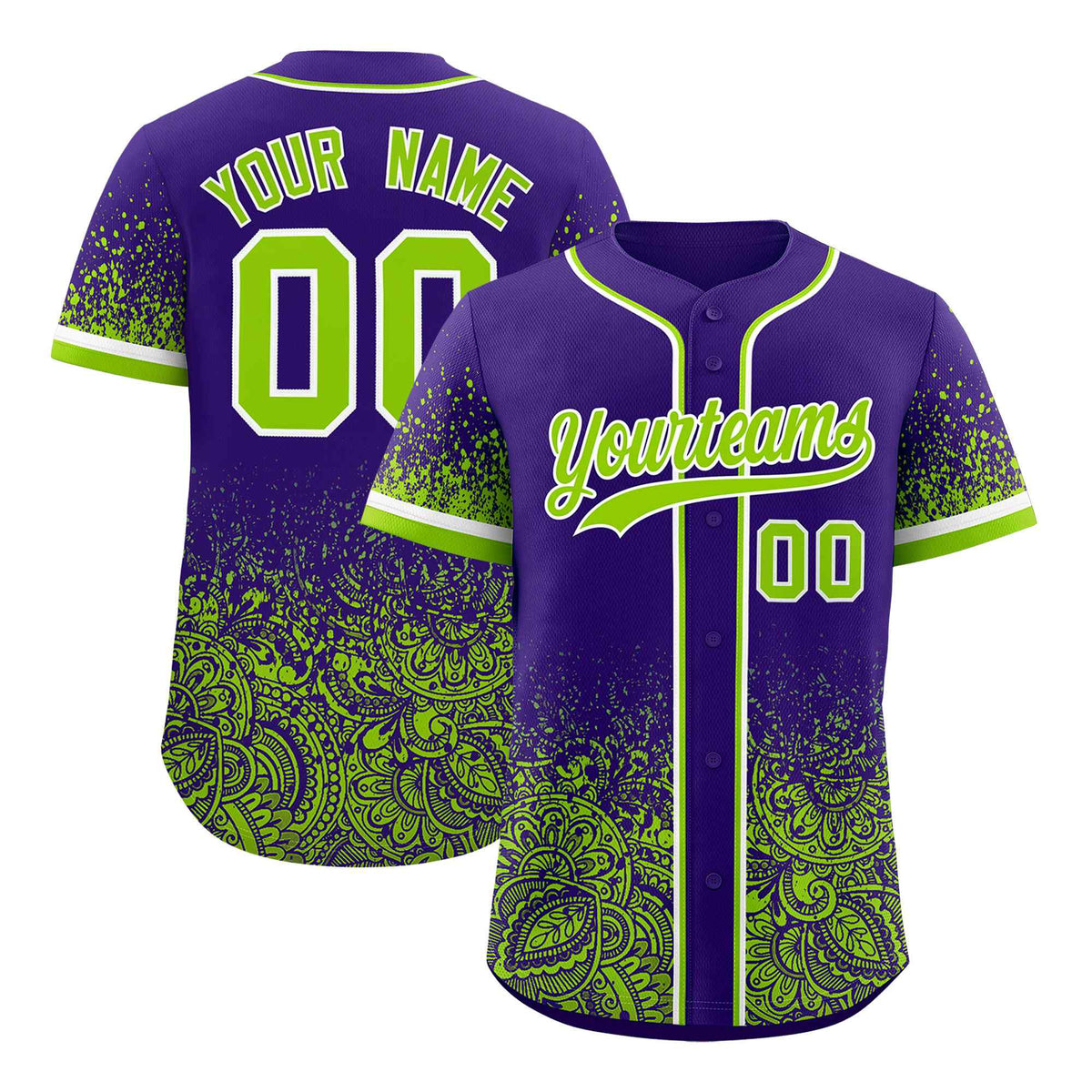 Custom Purple Neon Green Floral Print Pattern Full Button Gradient Fashion Baseball Jersey