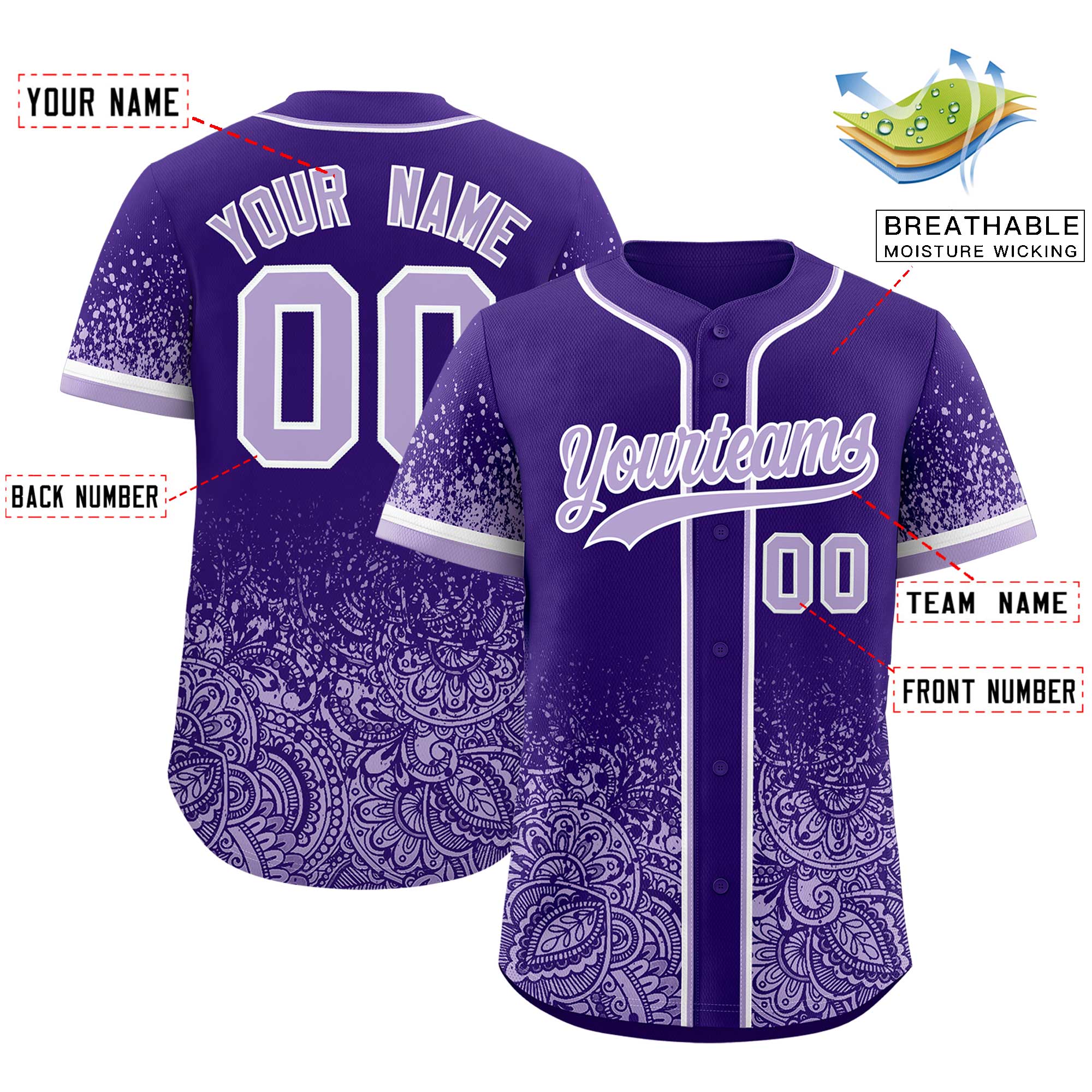 Custom Purple Light Purple Floral Print Pattern Full Button Gradient Fashion Baseball Jersey