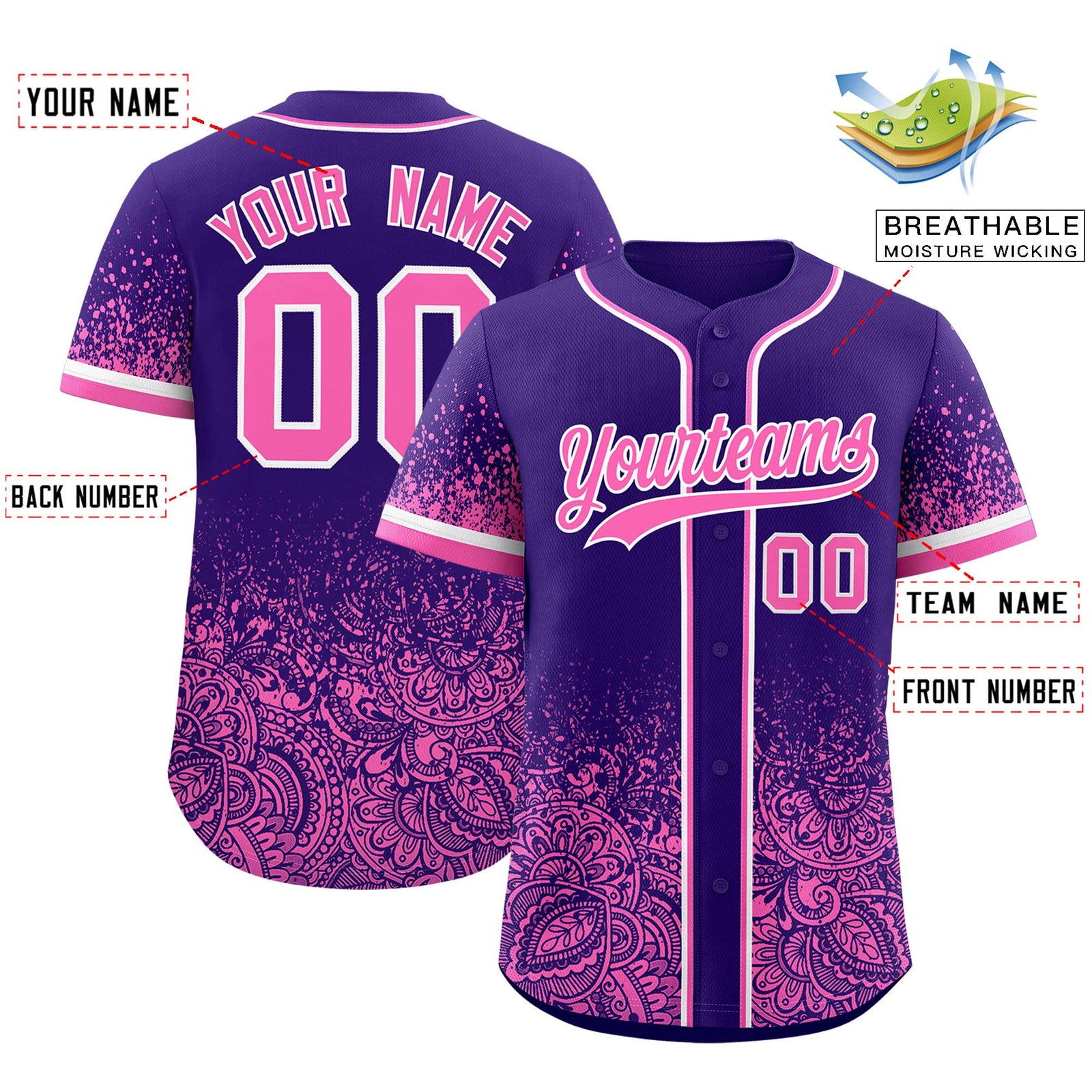 Custom Purple Pink Floral Print Pattern Full Button Gradient Fashion Baseball Jersey