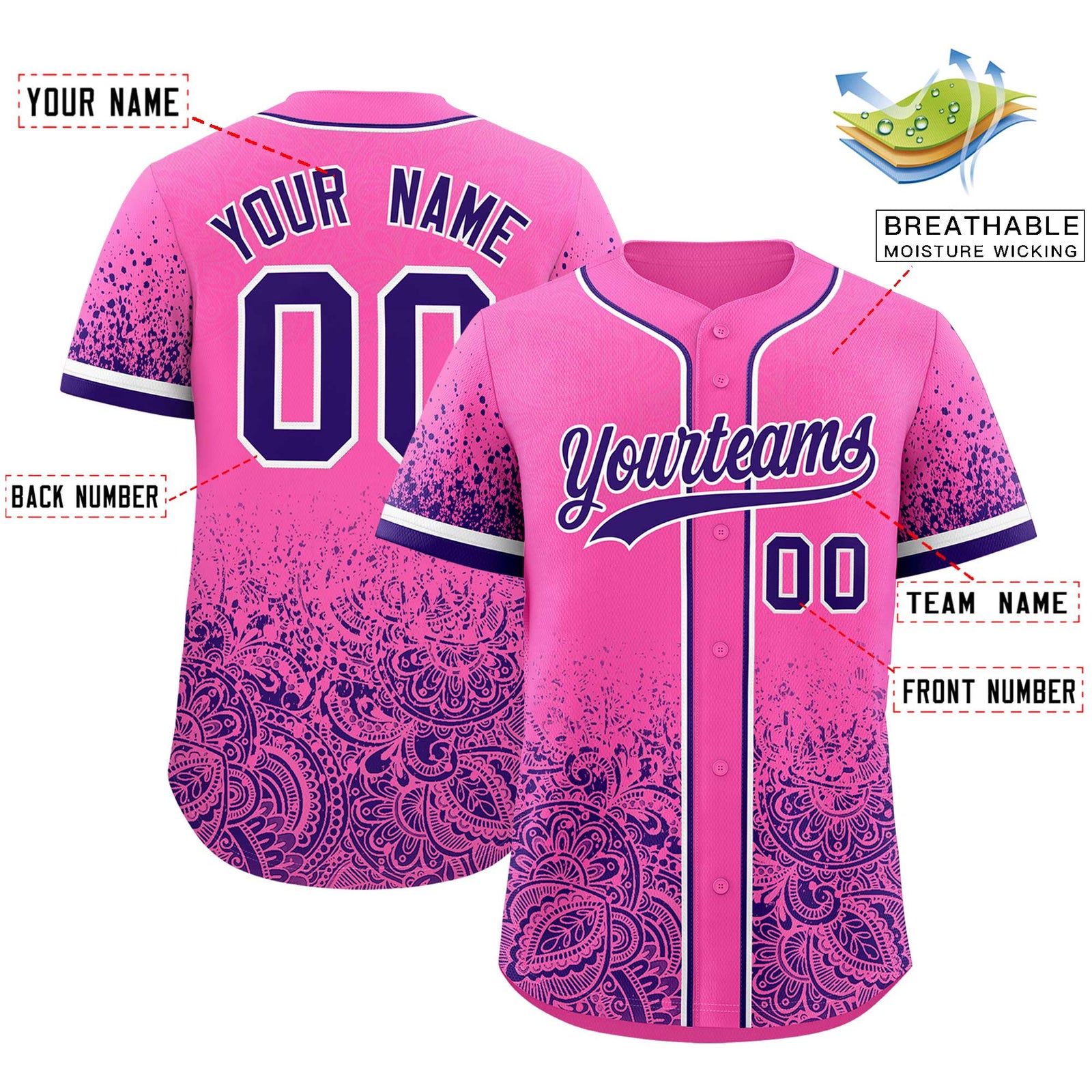 Custom Pink Purple Floral Print Pattern Full Button Gradient Fashion Baseball Jersey