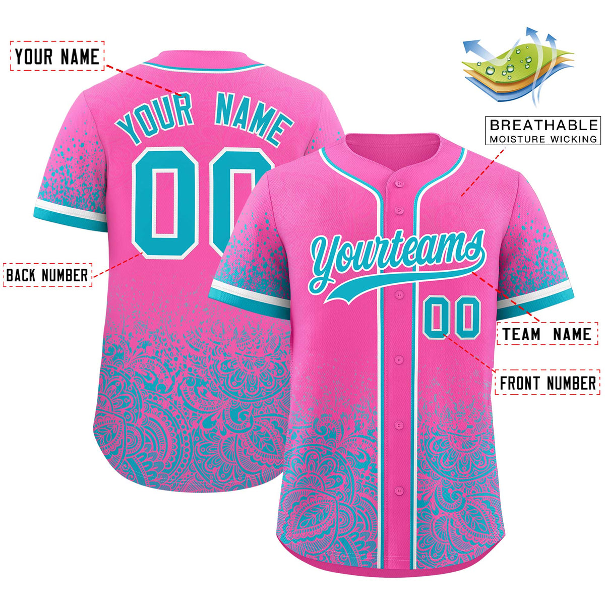Custom Pink Sky Blue Floral Print Pattern Full Button Gradient Fashion Baseball Jersey