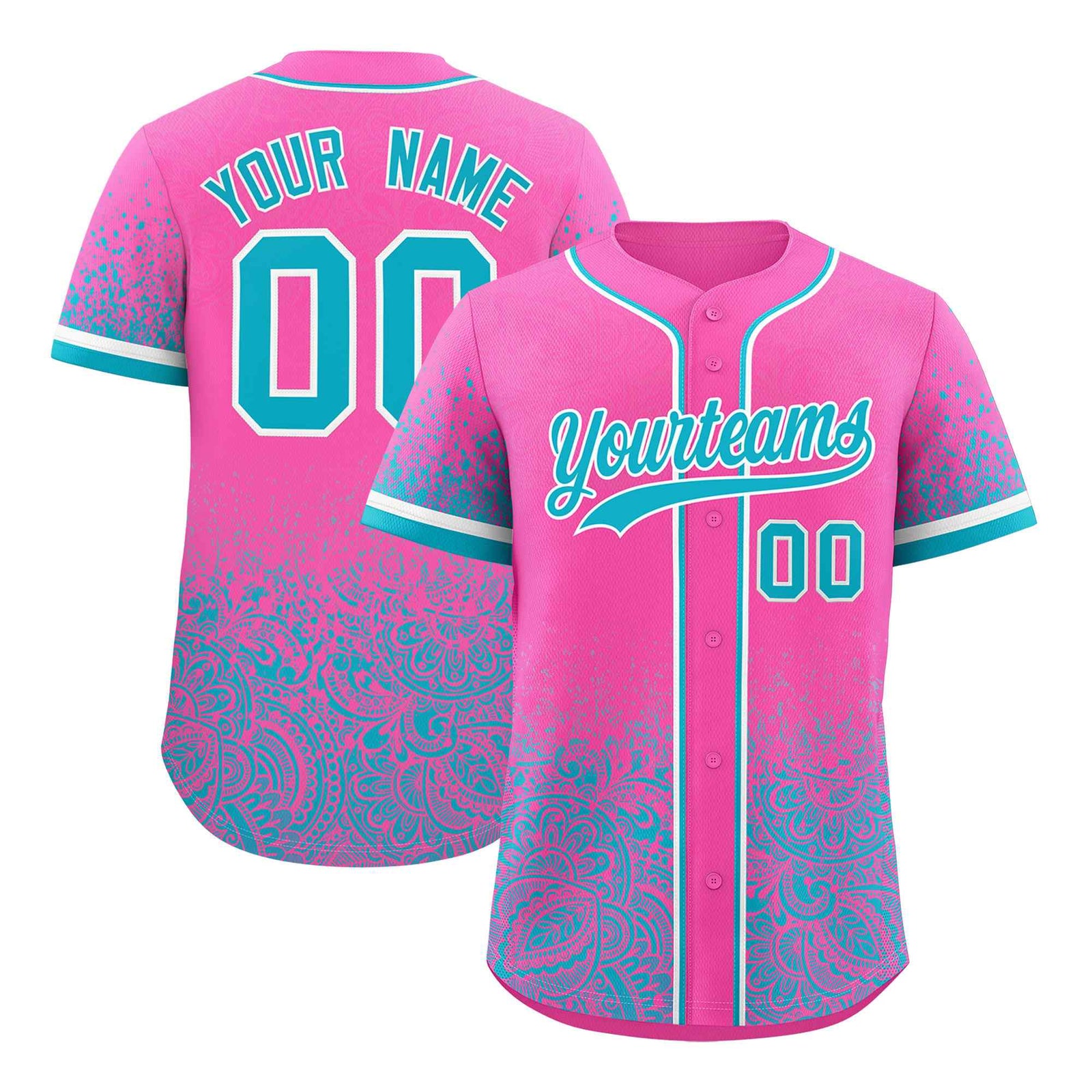 Custom Pink Sky Blue Floral Print Pattern Full Button Gradient Fashion Baseball Jersey