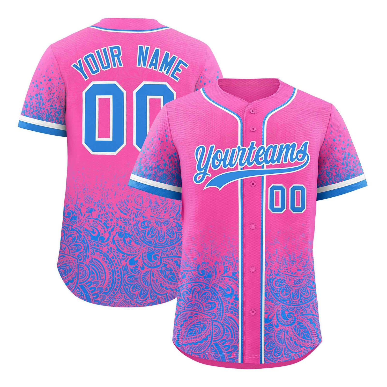 Custom Pink Light Blue Floral Print Pattern Full Button Gradient Fashion Baseball Jersey