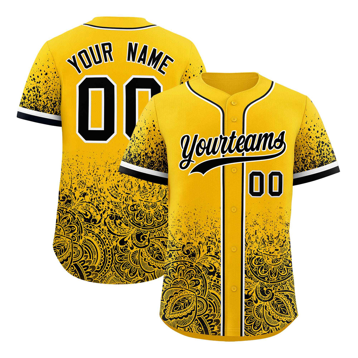 Custom Yellow Black Floral Print Pattern Full Button Gradient Fashion Baseball Jersey