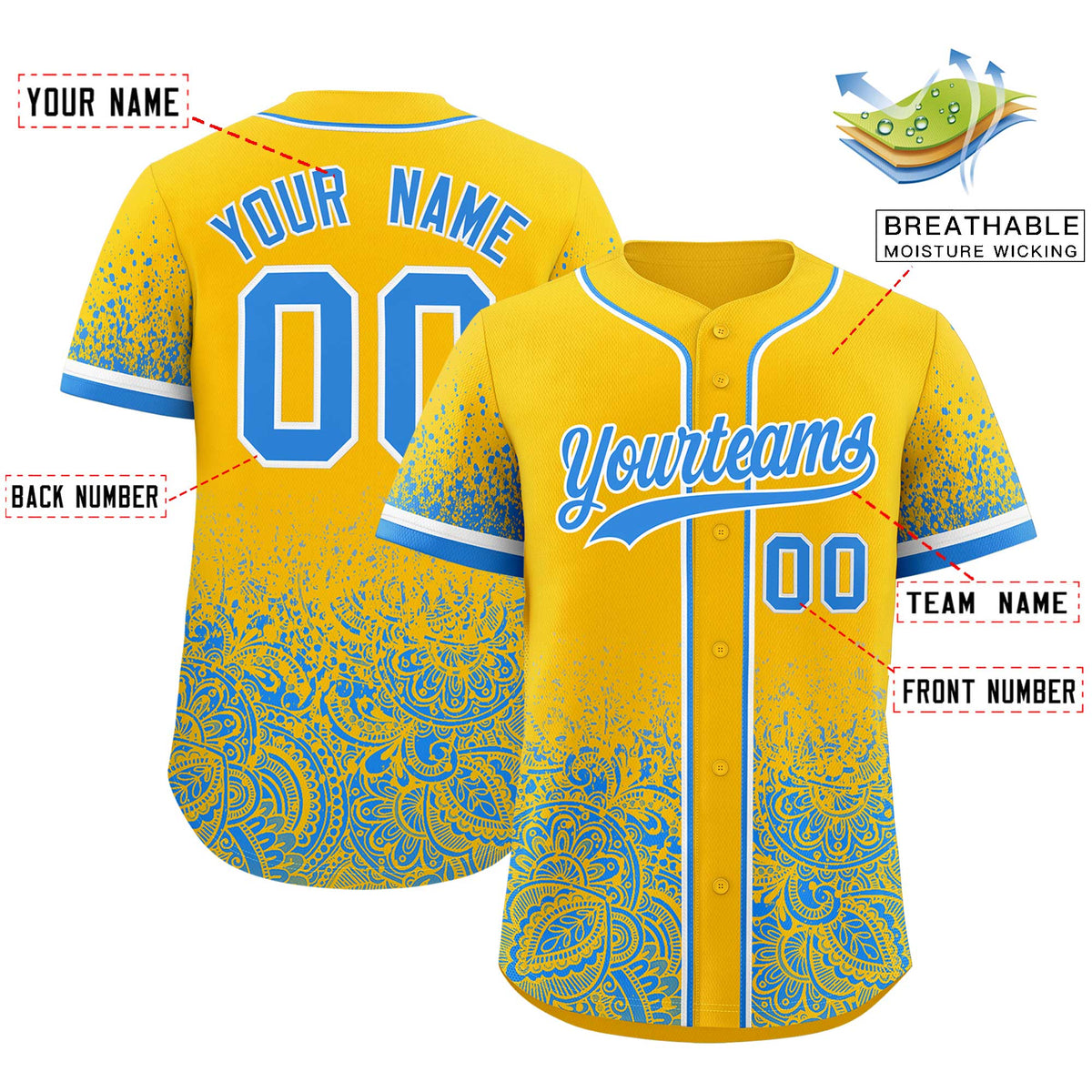 Custom Yellow Light Blue Floral Print Pattern Full Button Gradient Fashion Baseball Jersey