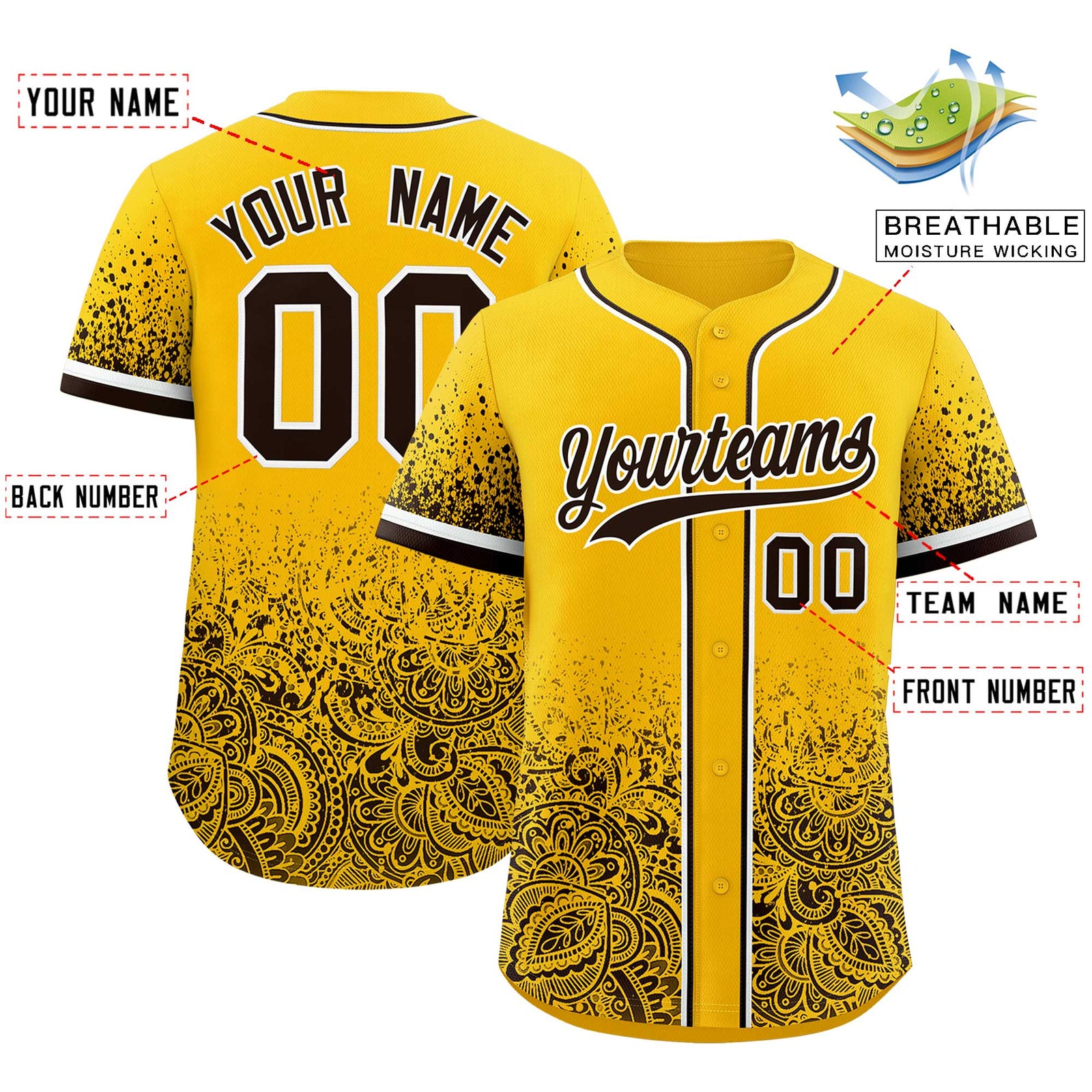 Custom Yellow Brown Floral Print Pattern Full Button Gradient Fashion Baseball Jersey