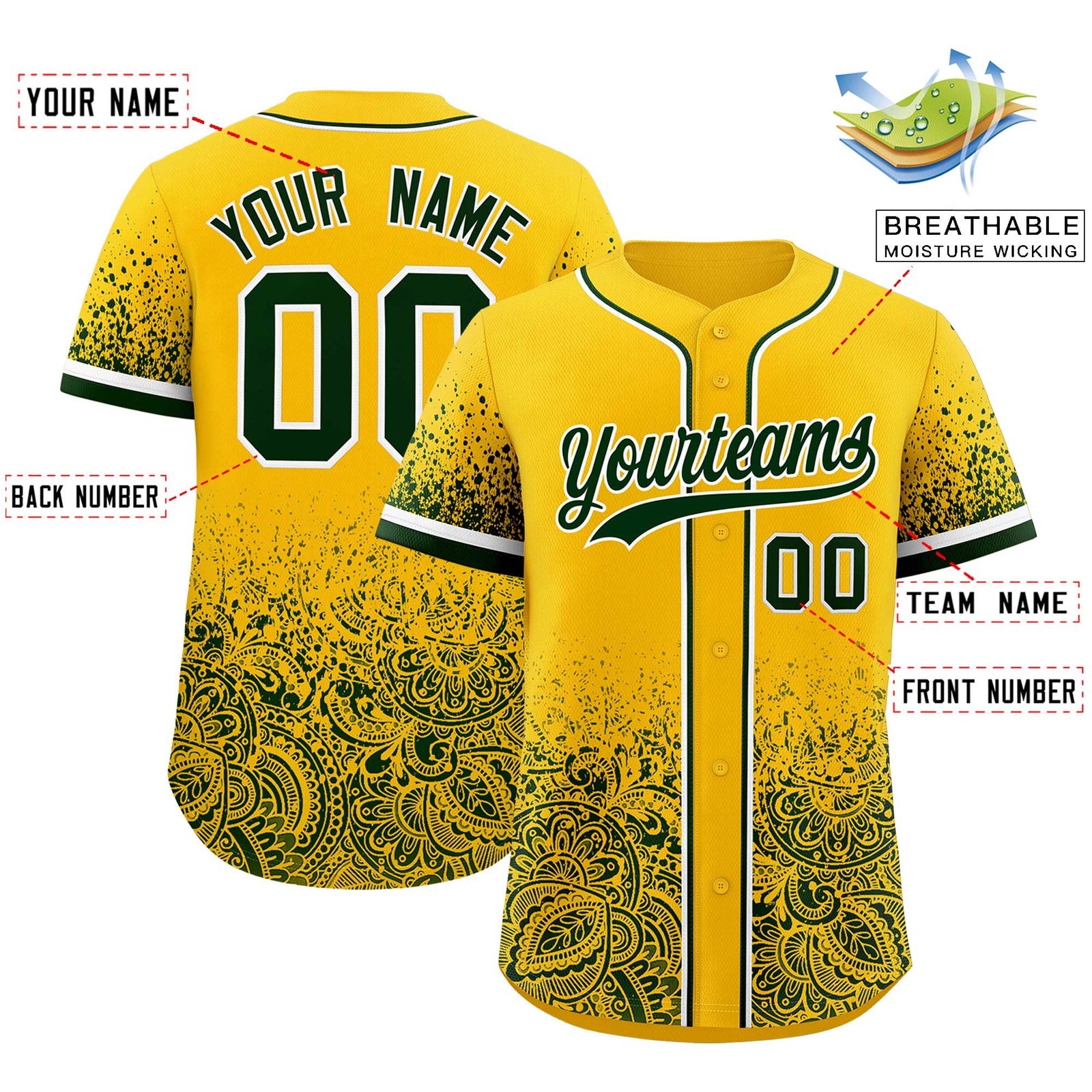 Custom Yellow Green Floral Print Pattern Full Button Gradient Fashion Baseball Jersey