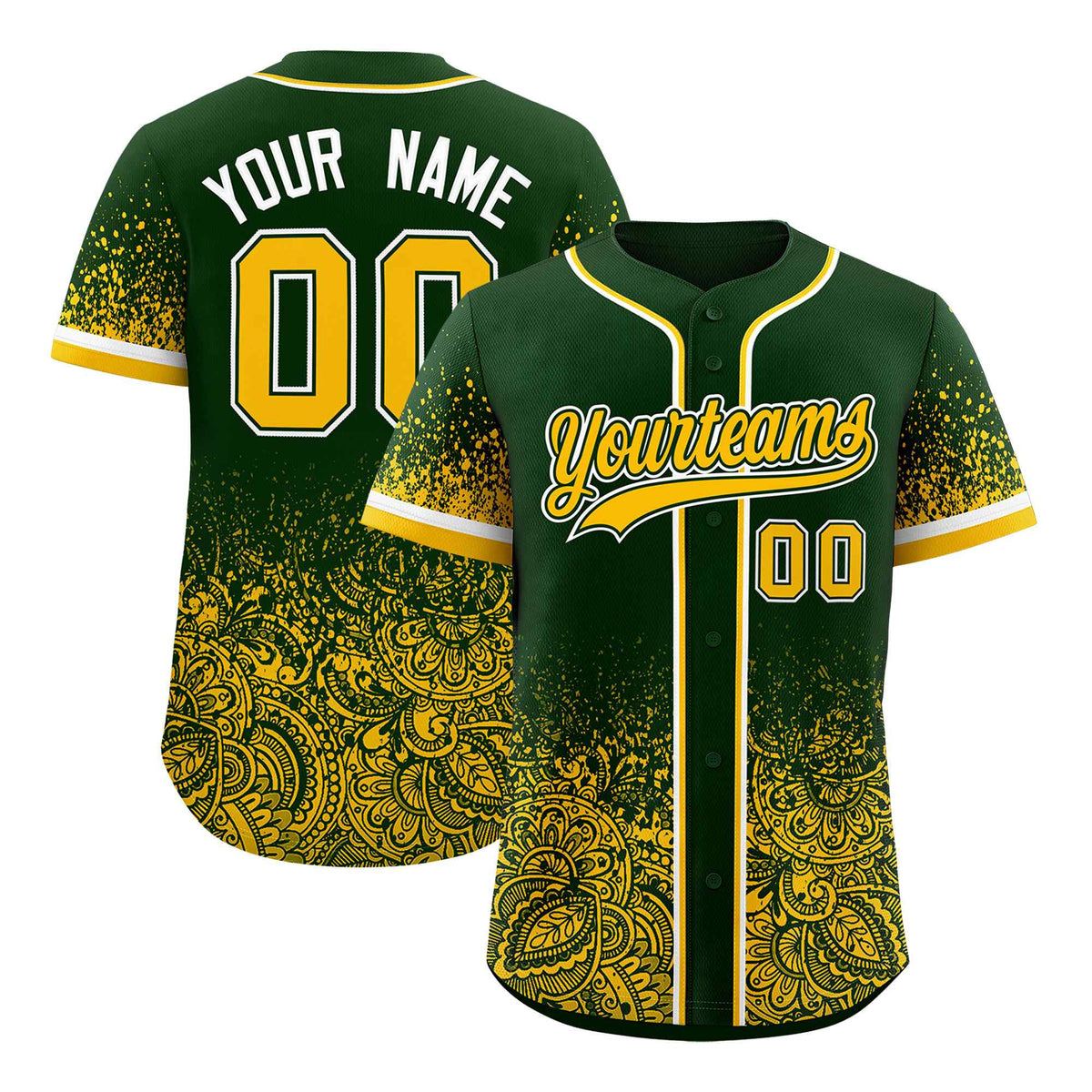 Custom Green Yellow Floral Print Pattern Full Button Gradient Fashion Baseball Jersey