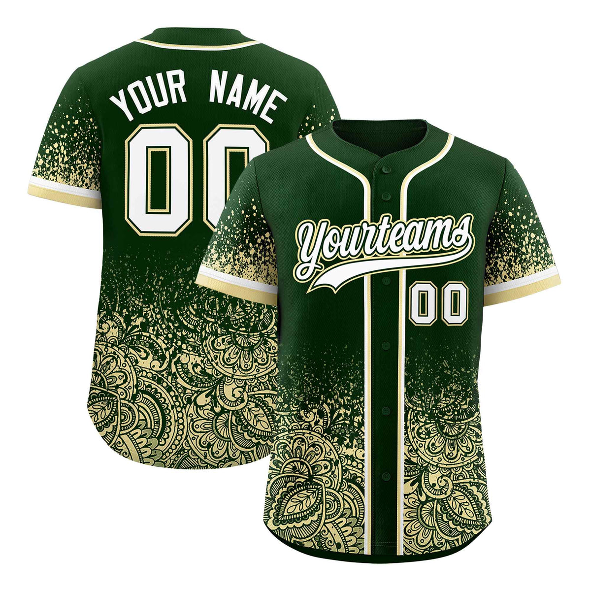 Custom Green Cream Floral Print Pattern Full Button Gradient Fashion Baseball Jersey