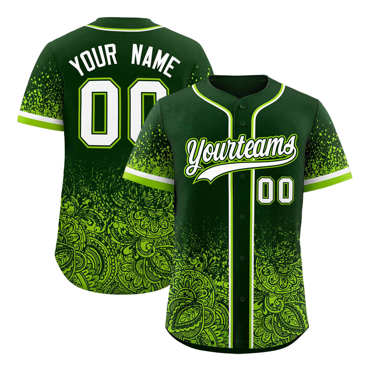 Custom Green Neon Green Floral Print Pattern Full Button Gradient Fashion Baseball Jersey