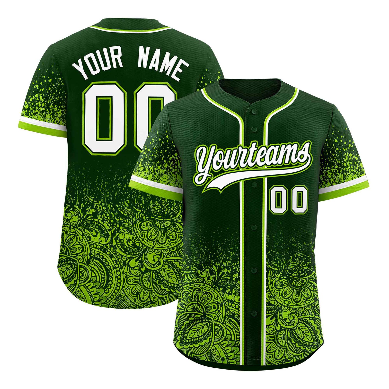 Custom Green Neon Green Floral Print Pattern Full Button Gradient Fashion Baseball Jersey