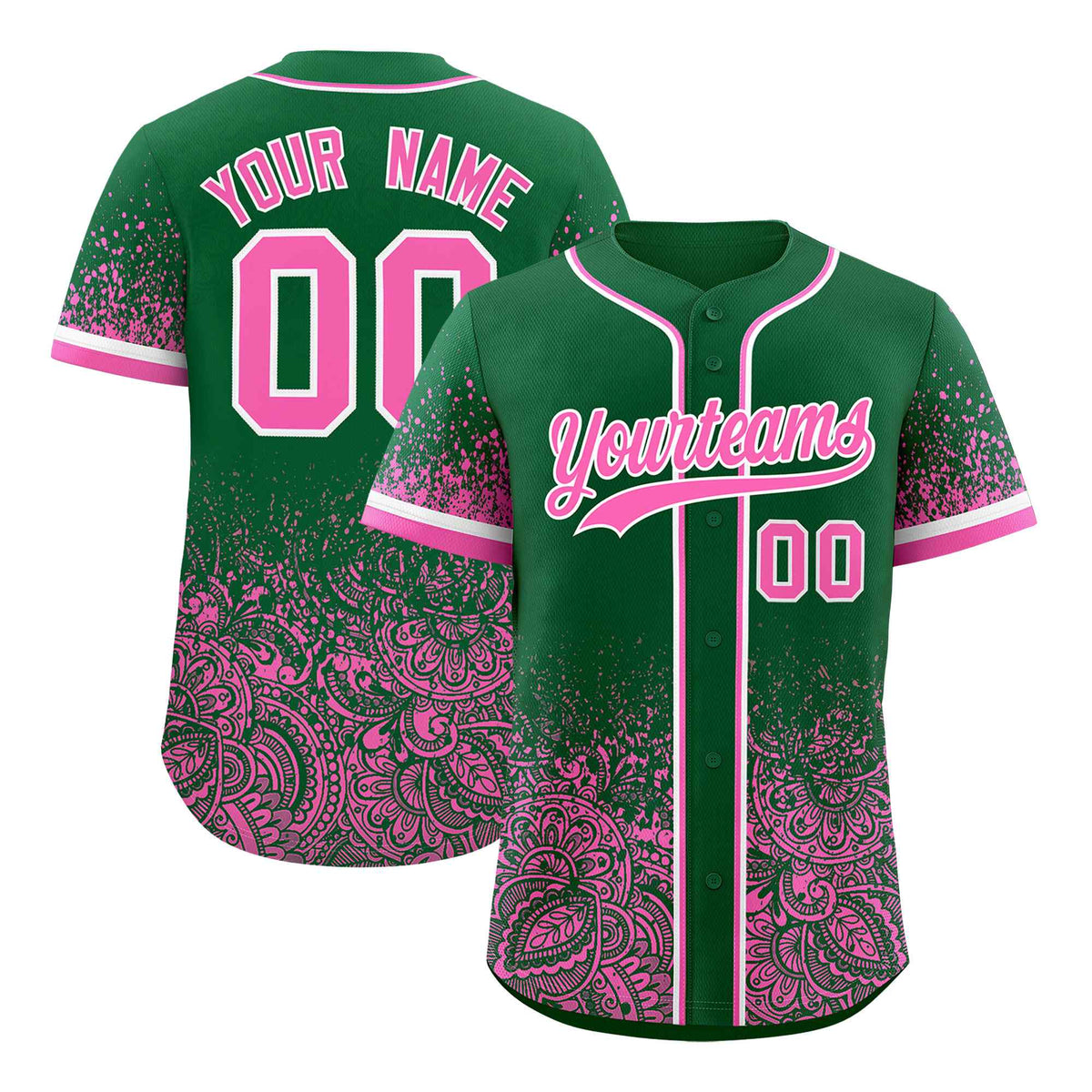 Custom Kelly Green Pink Floral Print Pattern Full Button Gradient Fashion Baseball Jersey