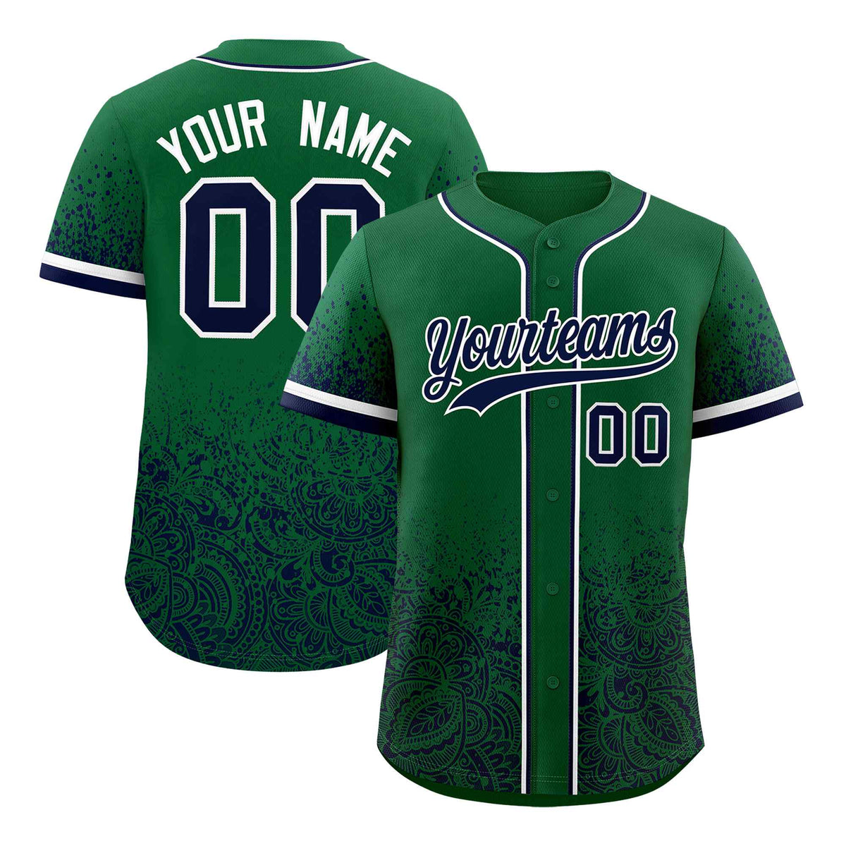 Custom Kelly Green Navy Floral Print Pattern Full Button Gradient Fashion Baseball Jersey