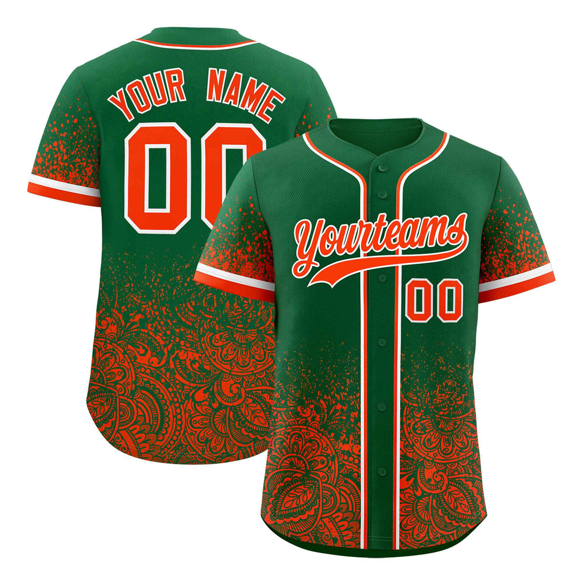 Custom Kelly Green Orange Floral Print Pattern Full Button Gradient Fashion Baseball Jersey