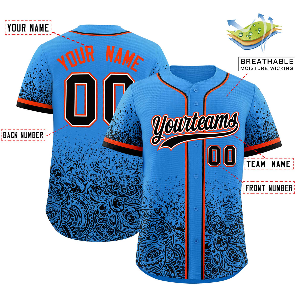 Custom Light Blue Black Floral Print Pattern Full Button Gradient Fashion Baseball Jersey